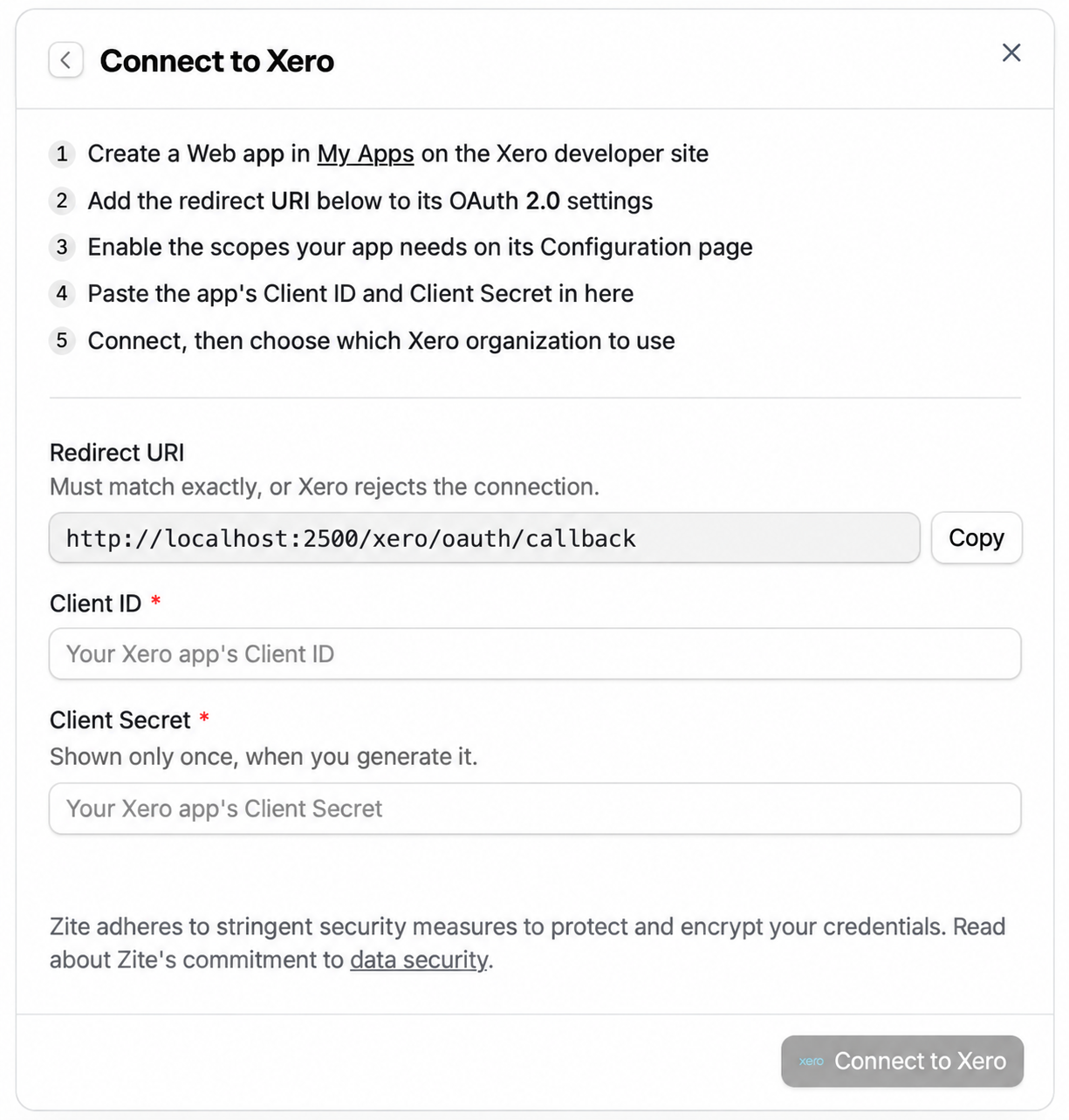 Connect to Xero dialog showing the redirect URI, Client ID, and Client Secret fields