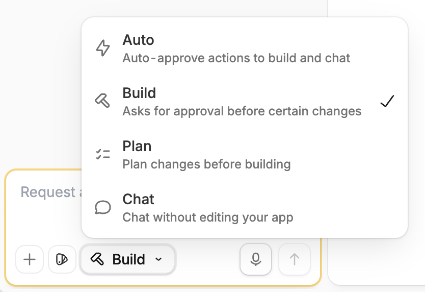 Mode selector showing Auto, Build, Plan, and Chat, with Build selected