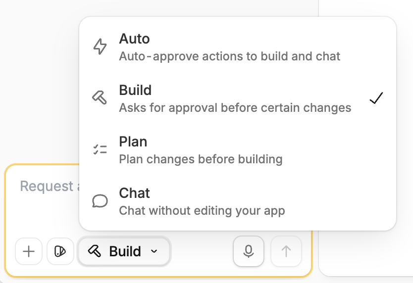 Mode selector with Build mode selected Mode selector with Build mode selected