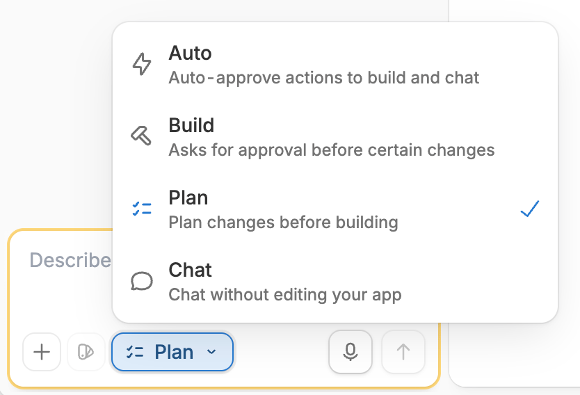 Mode selector with Plan mode selected Mode selector with Plan mode selected