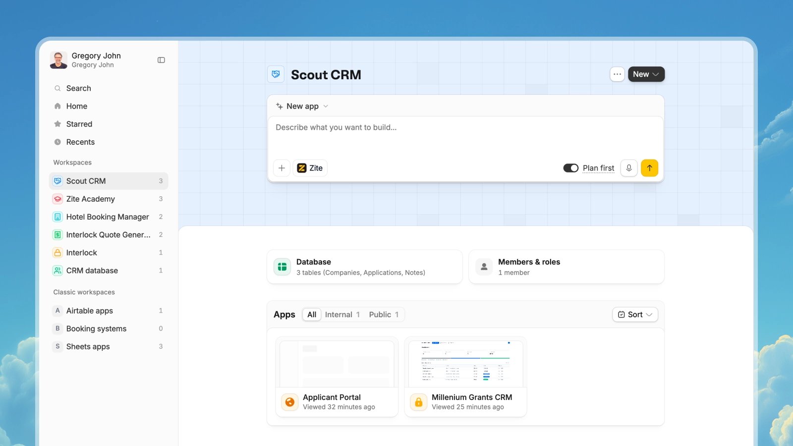 A Zite workspace with a shared database, members and roles, internal apps, and public apps