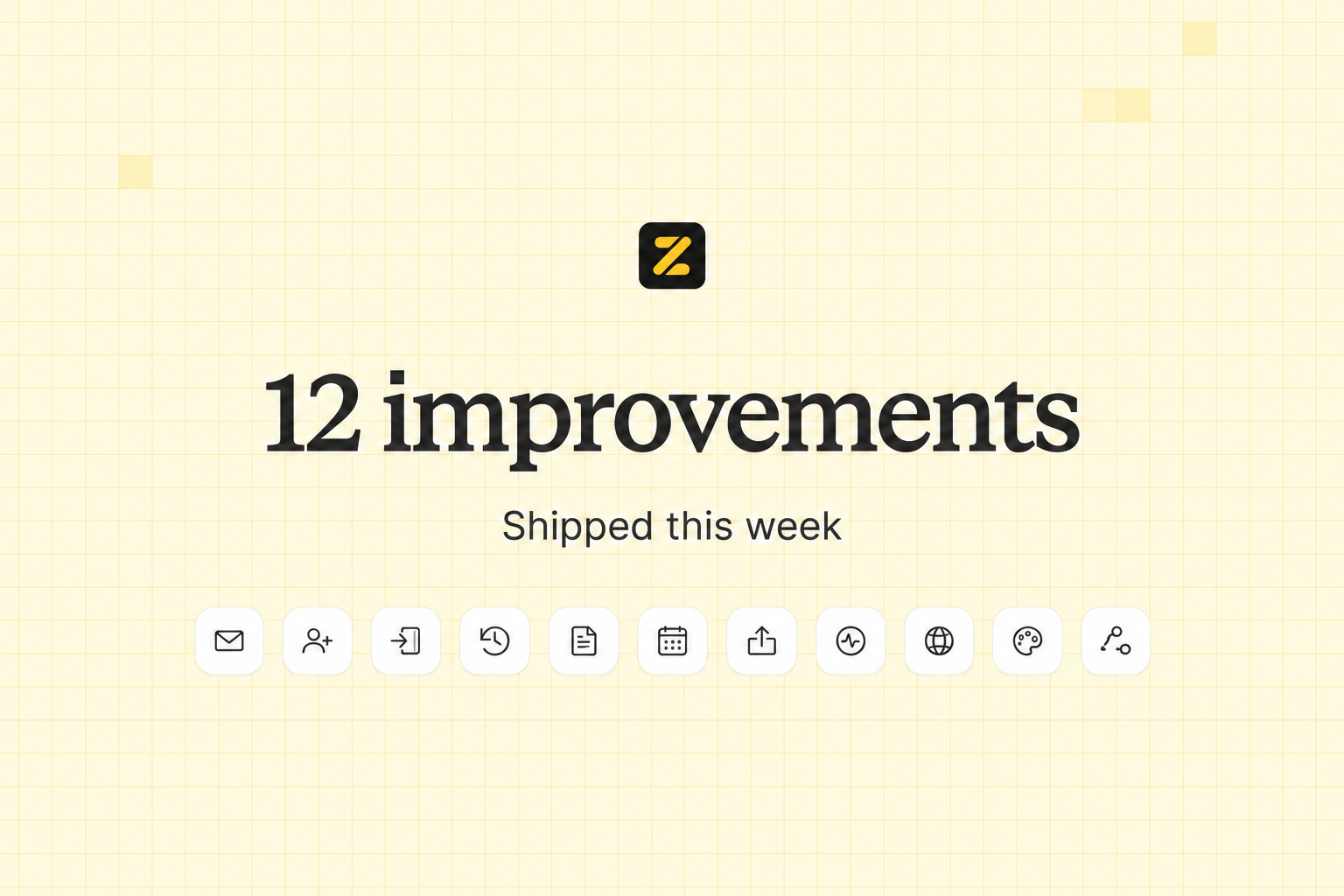 12 improvements shipped this week, with icons for the latest Zite updates on a light yellow grid