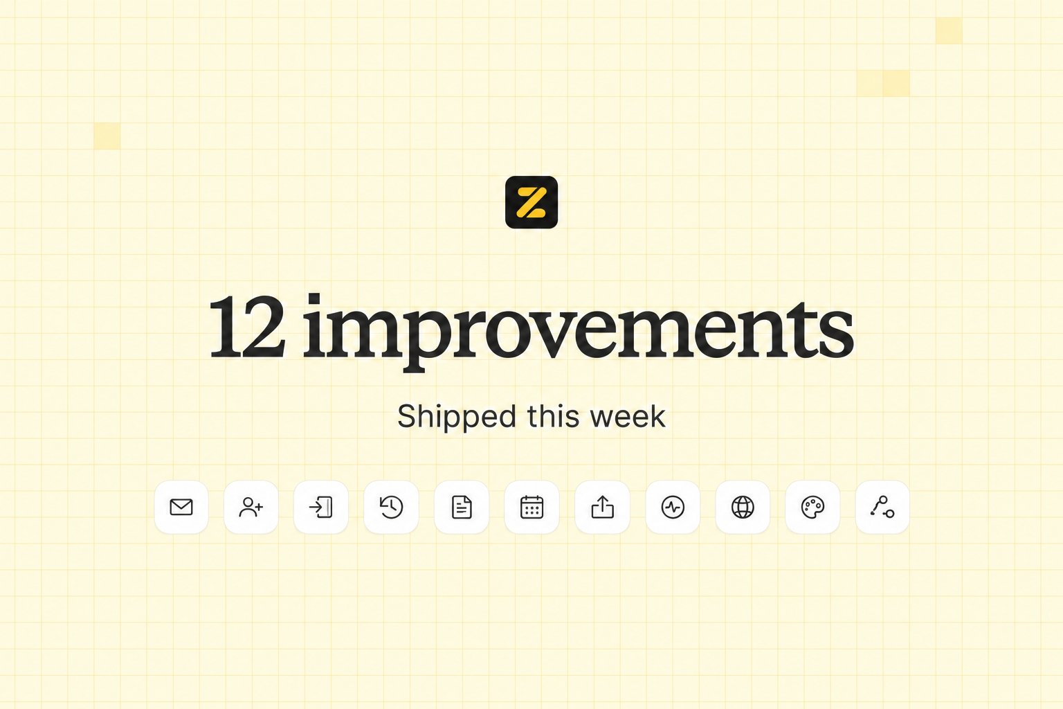 12 improvements shipped this week, with icons for the latest Zite updates on a light yellow grid