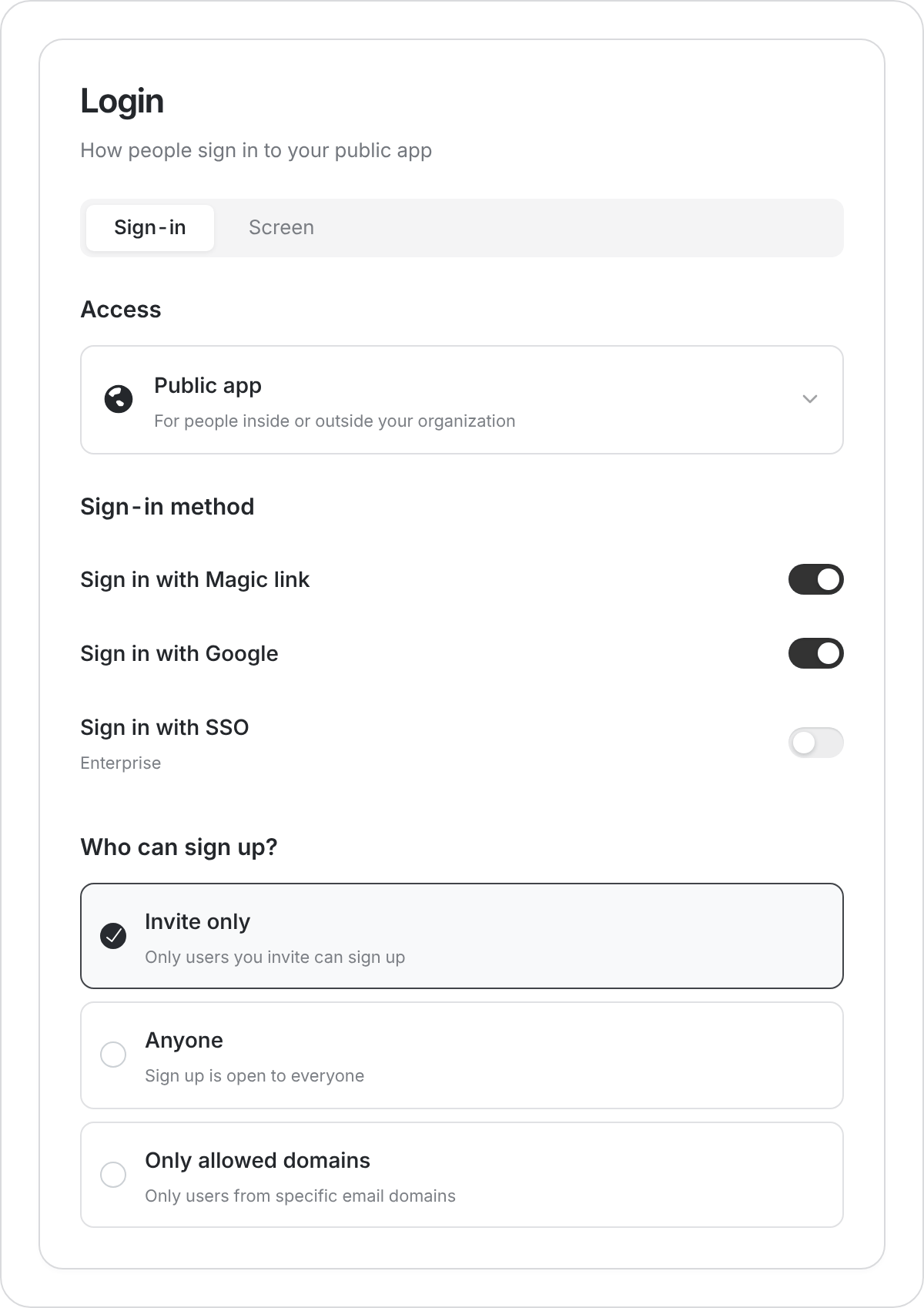 Public app login settings with Magic link, Google, and Invite only selected