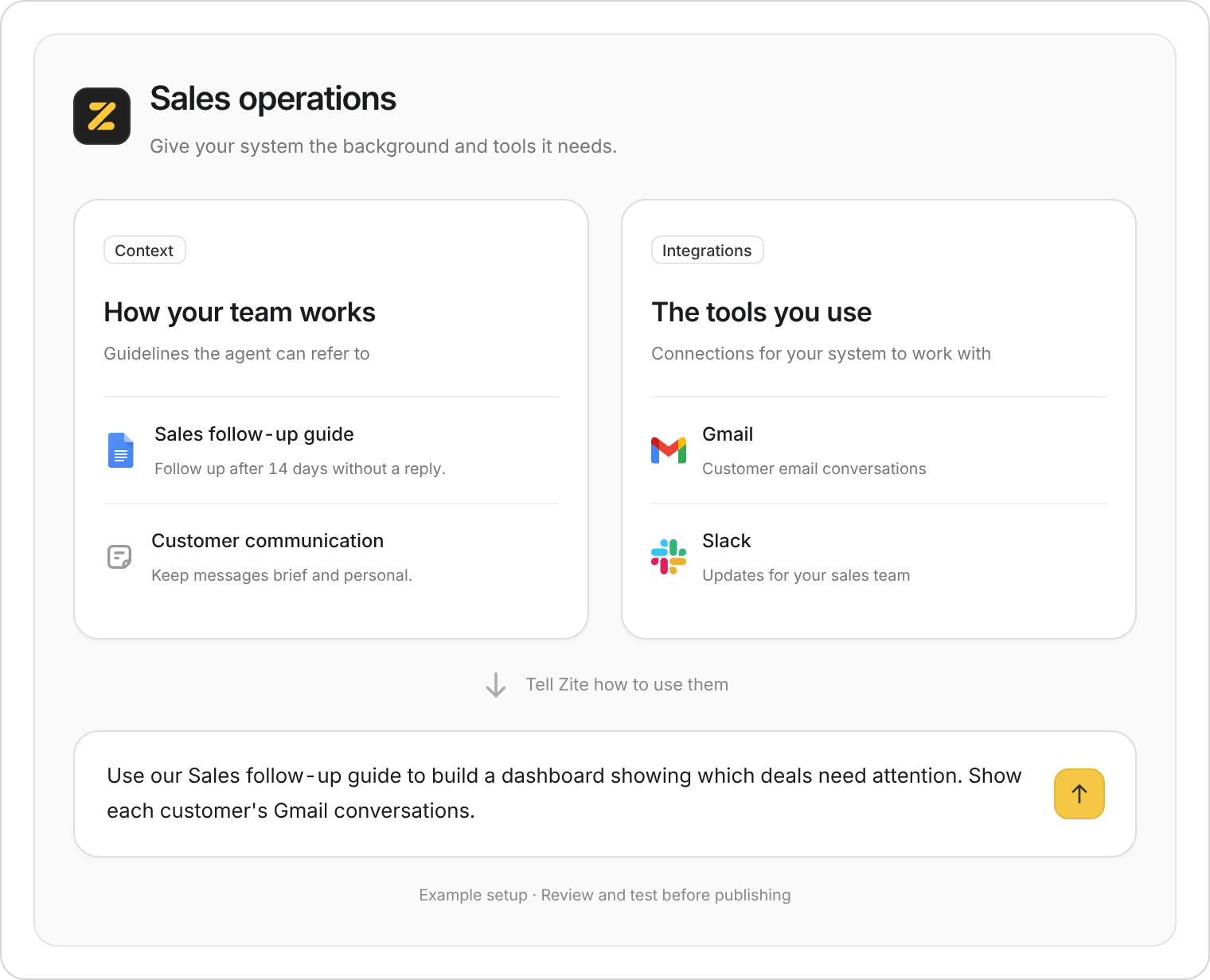 A Sales operations workspace with follow-up guidelines as context, and Gmail and Slack as integrations. An example request uses the guidelines to build a follow-up dashboard.