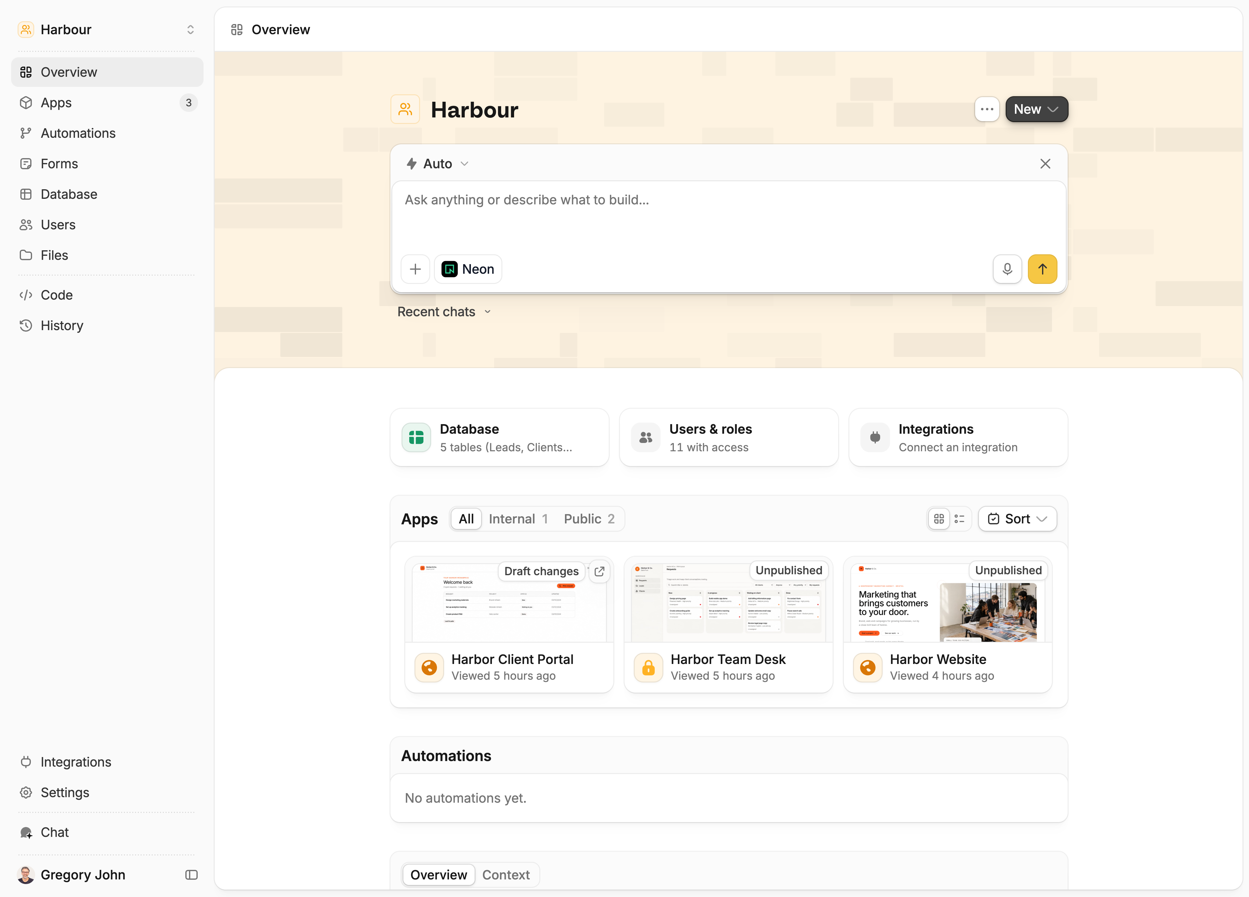 The Harbour workspace in Zite, showing the sidebar with Apps, Automations, Forms, Database, Users, and Files. The main area shows the chat box, database and access shortcuts, and three apps.