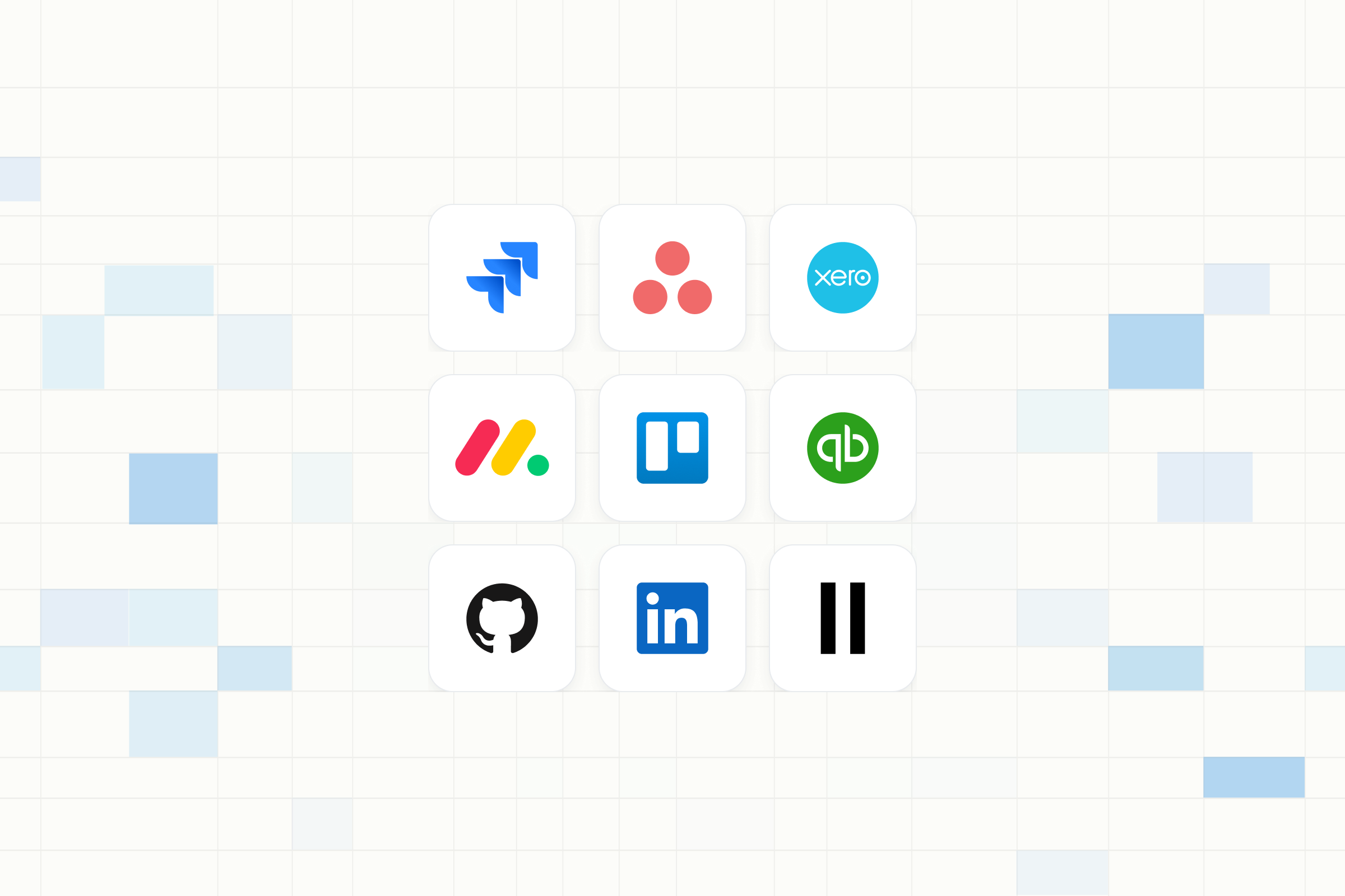 Integration logos for Jira, Asana, Xero, Monday.com, Trello, QuickBooks, GitHub, LinkedIn, and ElevenLabs