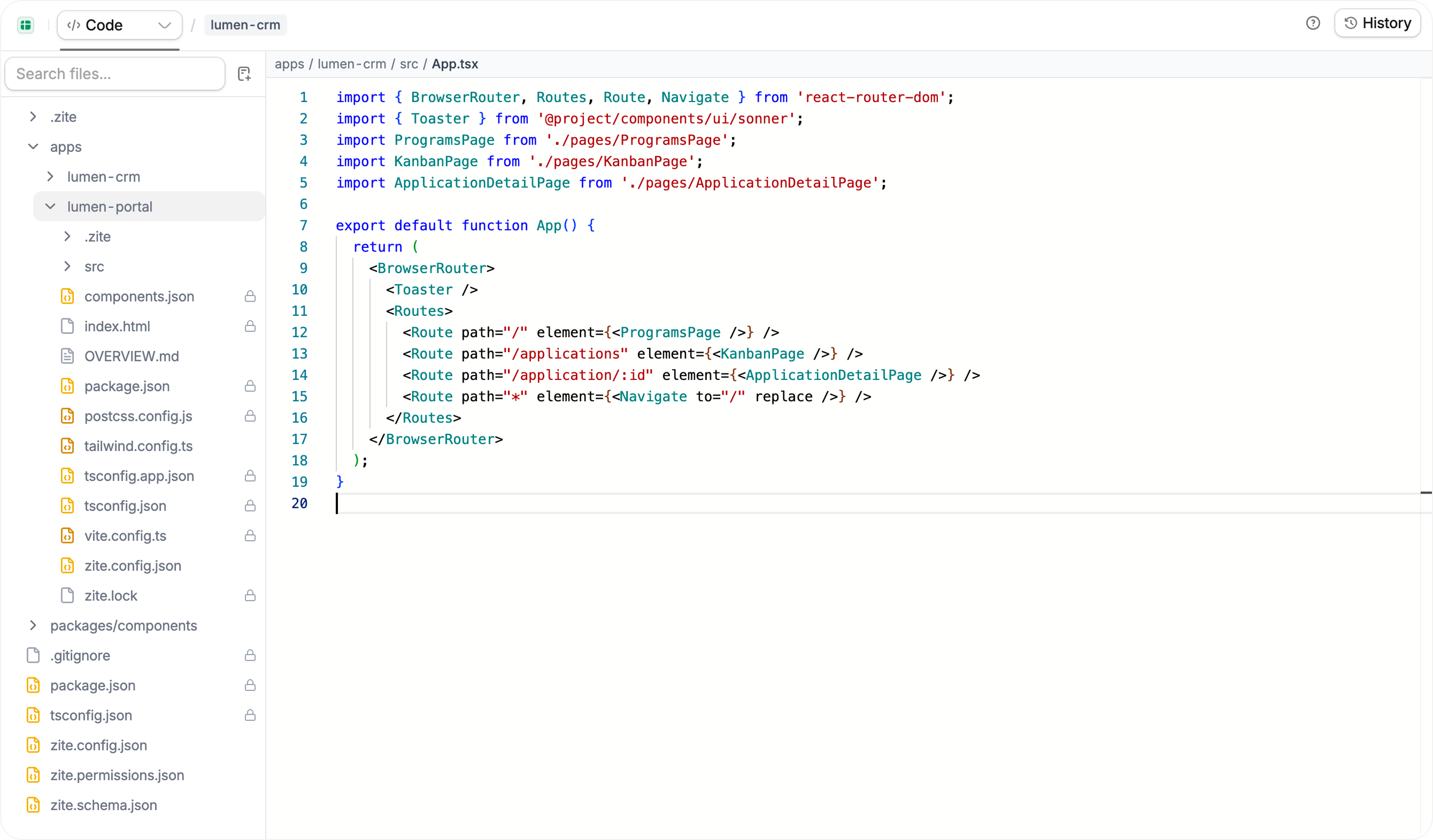 Zite Code view showing multiple apps in the project file tree and App.tsx open in the editor