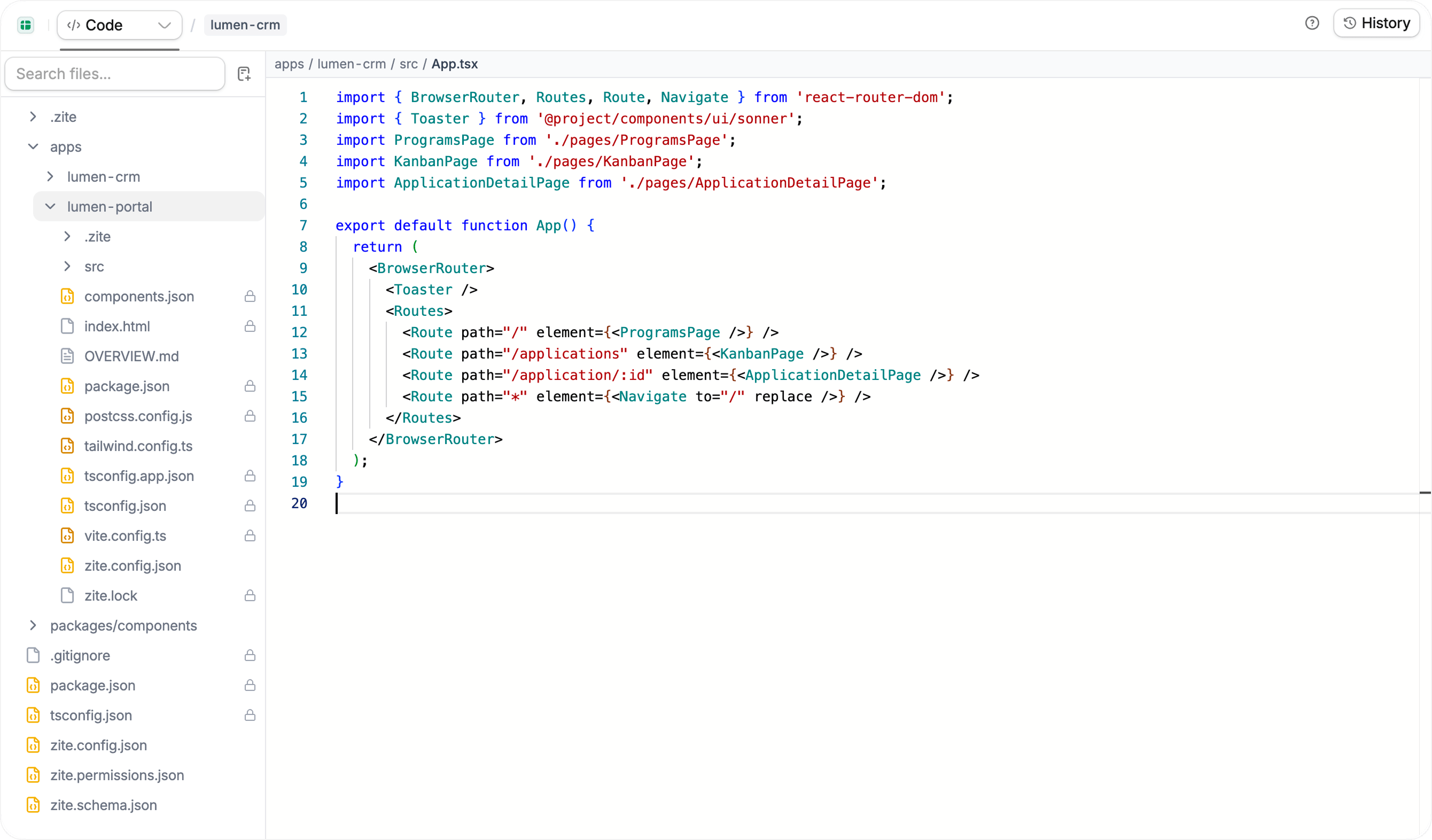 Zite Code view showing multiple apps in the project file tree and App.tsx open in the editor