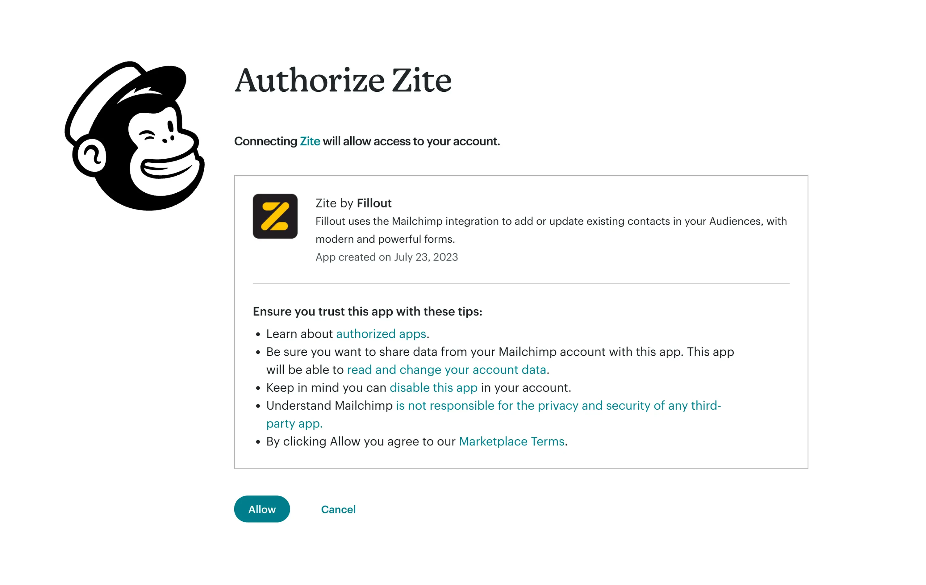 Mailchimp authorization screen for Zite Mailchimp authorization screen for Zite