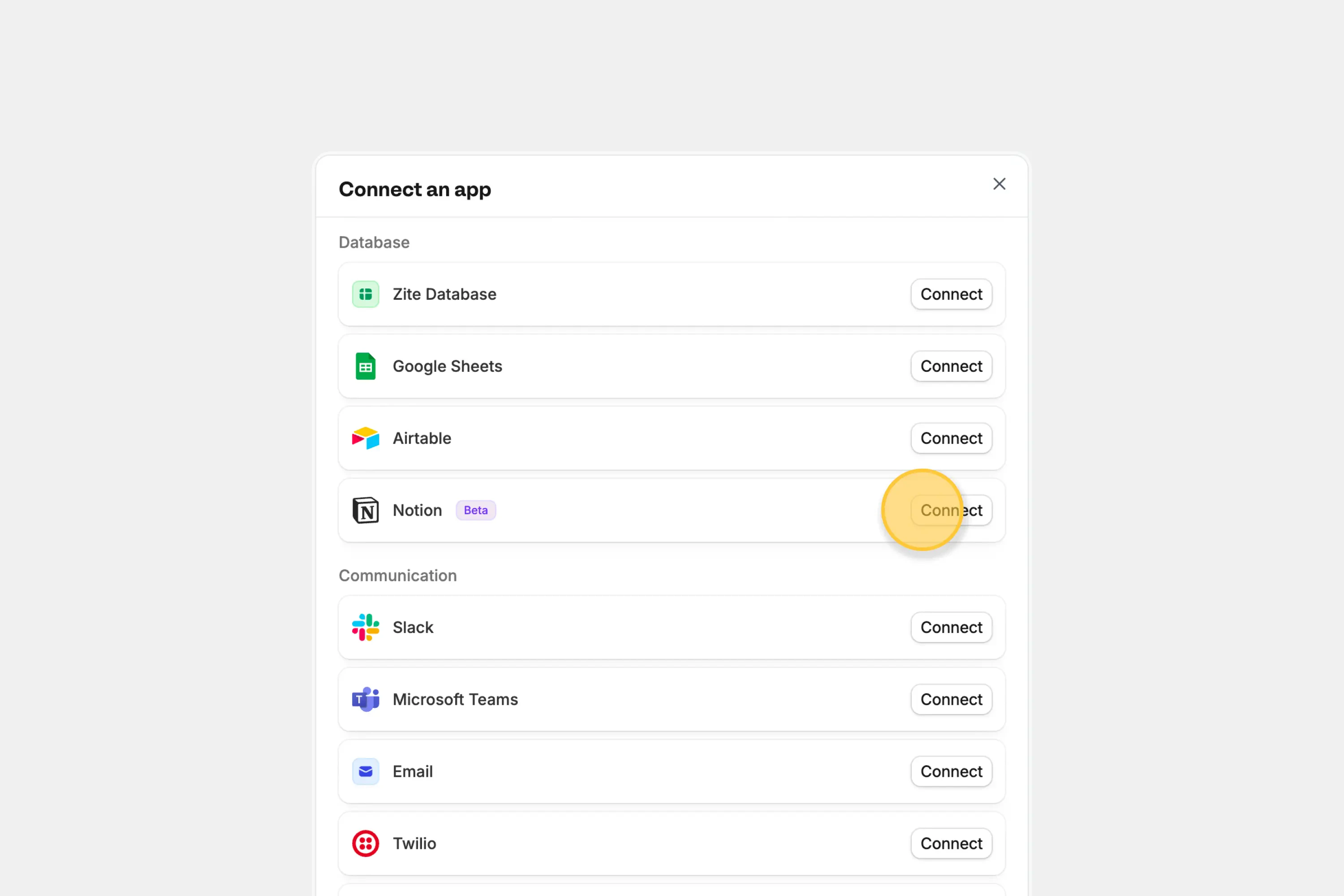 Connect an app modal with Notion listed as a database integration Connect an app modal with Notion listed as a database integration
