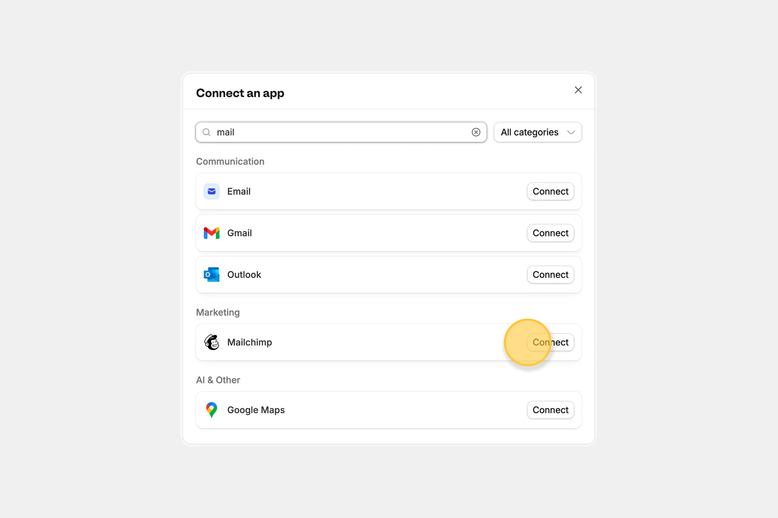 Connect an app modal with Mailchimp listed as a marketing integration Connect an app modal with Mailchimp listed as a marketing integration