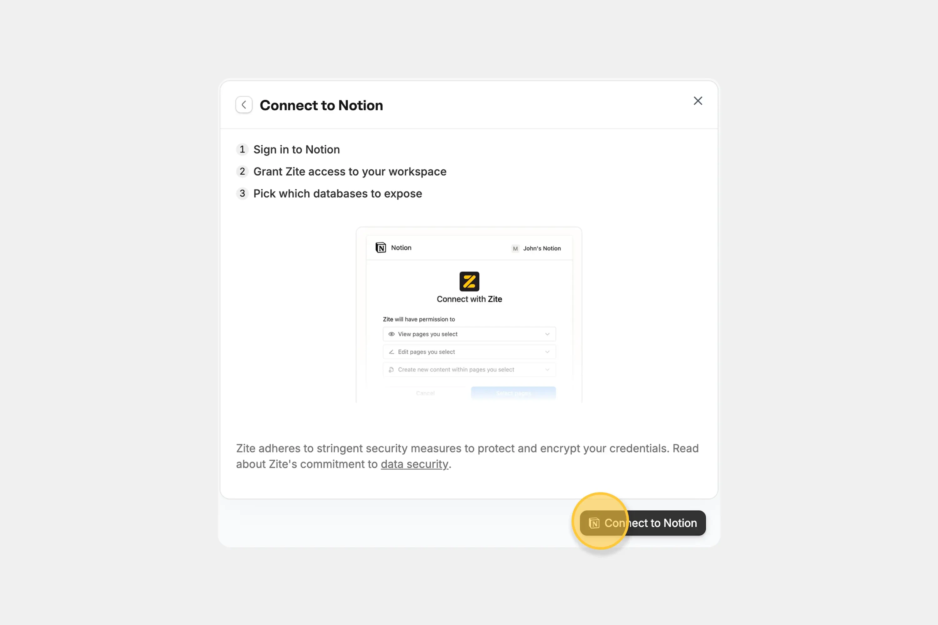 Connect to Notion modal in Zite Connect to Notion modal in Zite