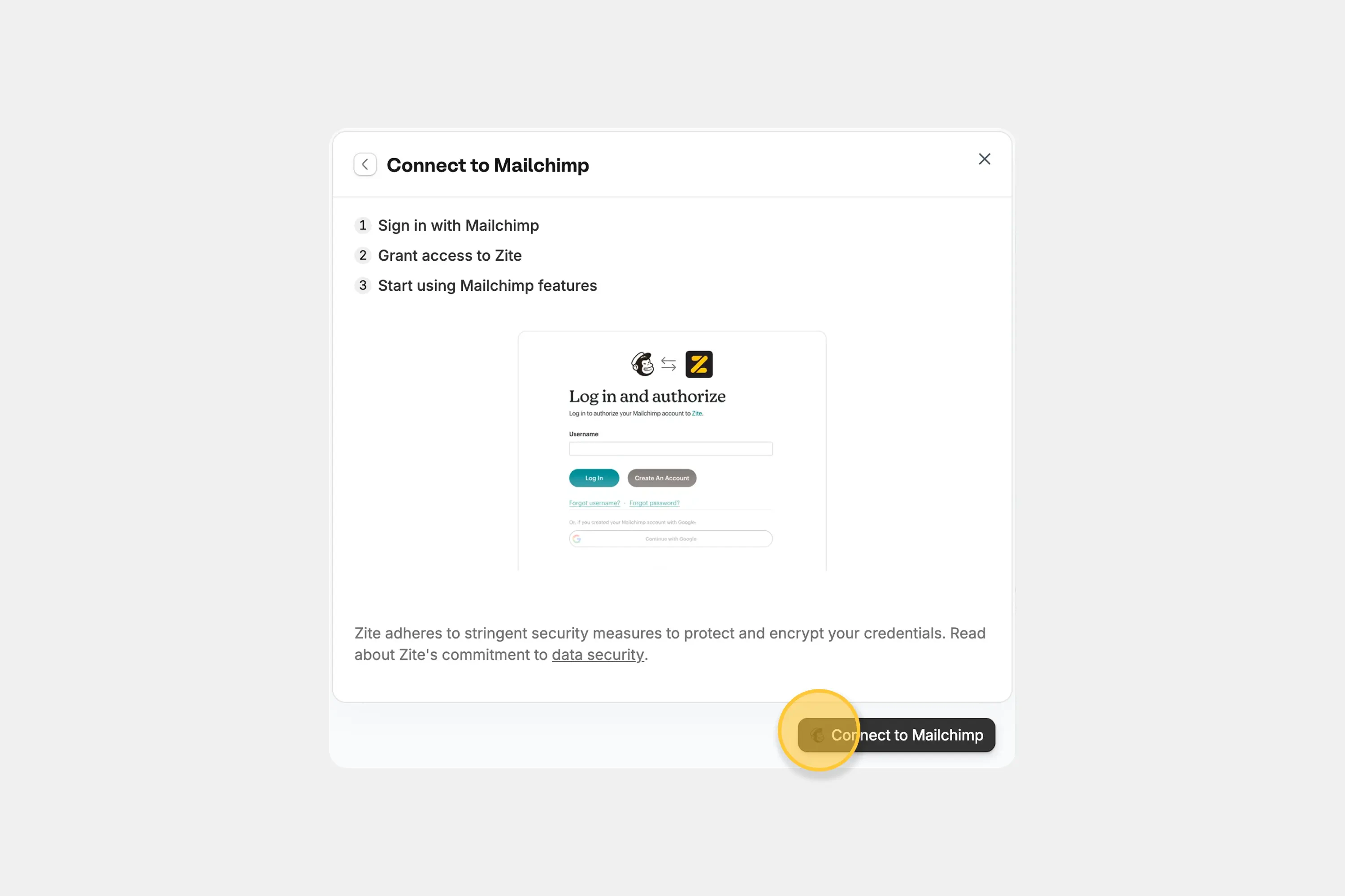 Connect to Mailchimp modal in Zite Connect to Mailchimp modal in Zite