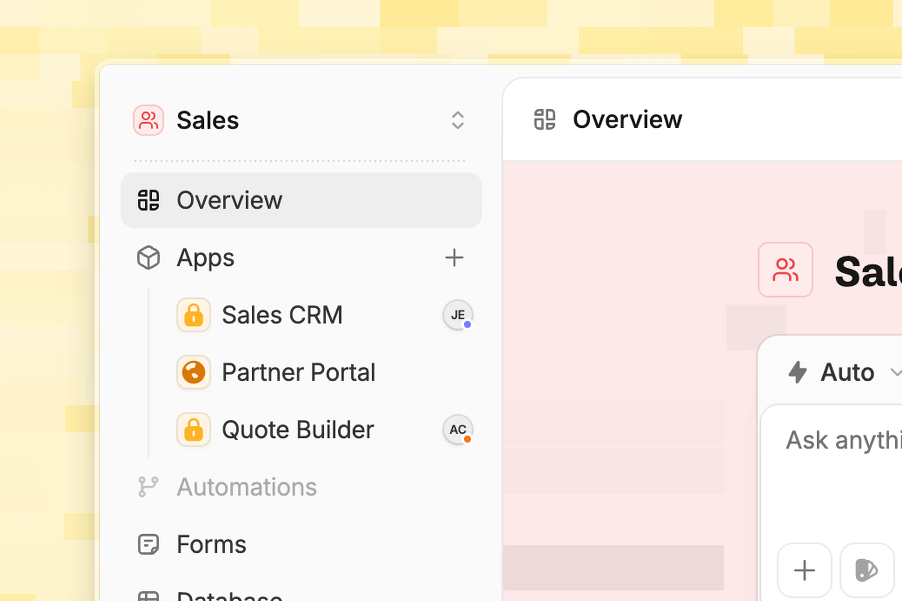 The Apps list in the sidebar: a teammate's avatar next to Sales CRM while Zite builds their change, and a badge on Quote Builder where Zite is waiting on you
