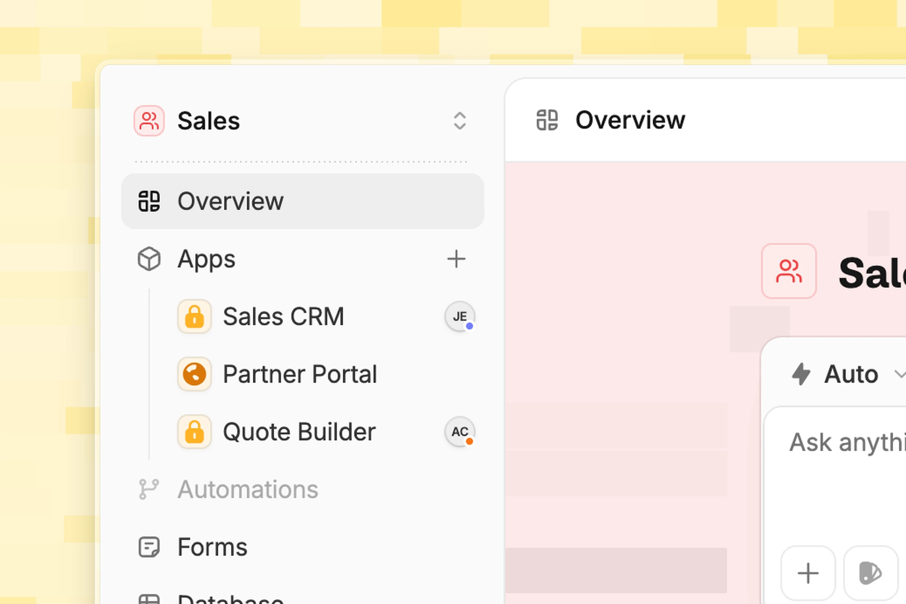 The Apps list in the sidebar: a teammate's avatar next to Sales CRM while Zite builds their change, and a badge on Quote Builder where Zite is waiting on you