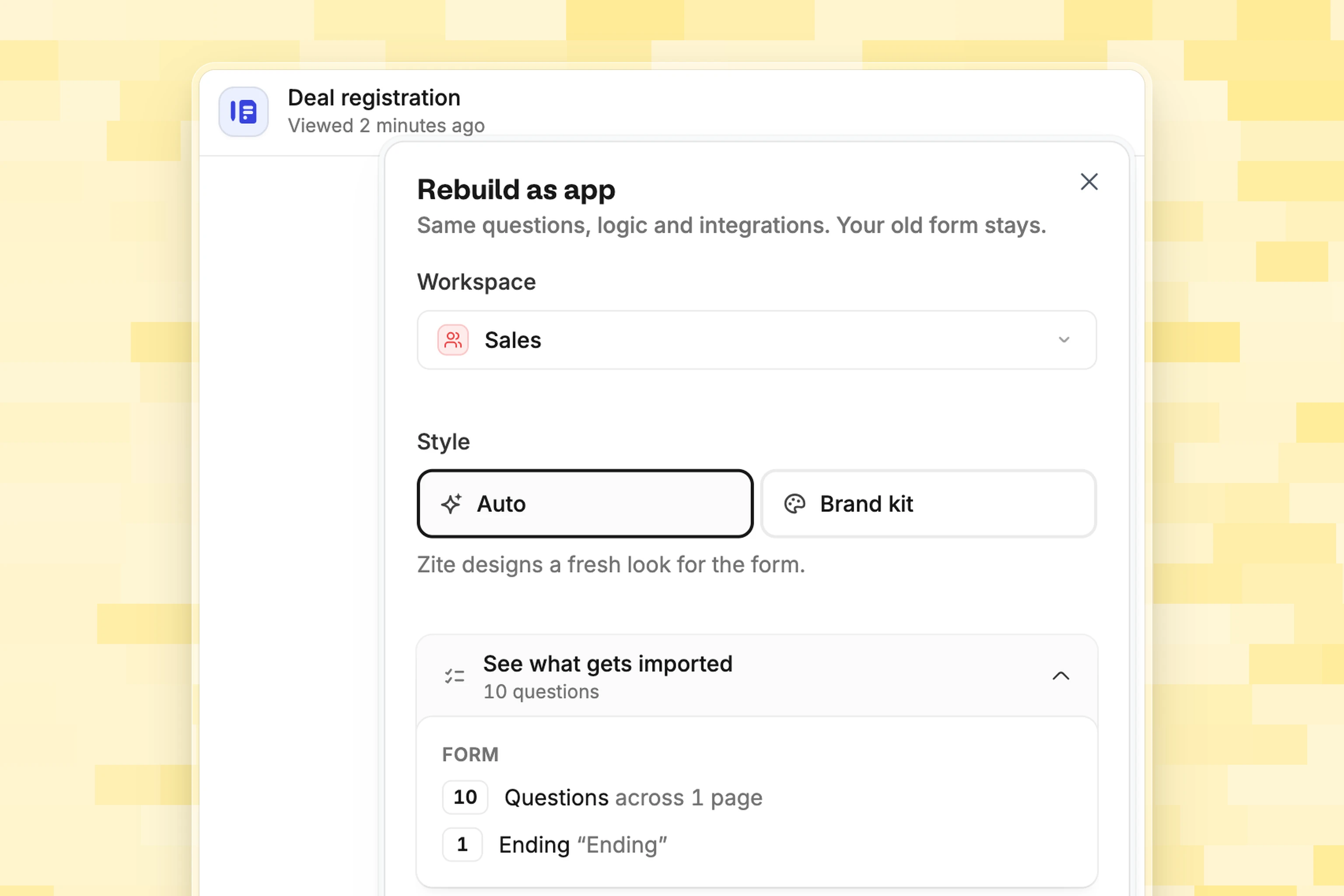 The Rebuild as app dialog for a Deal registration form, with the workspace, style, and what gets imported