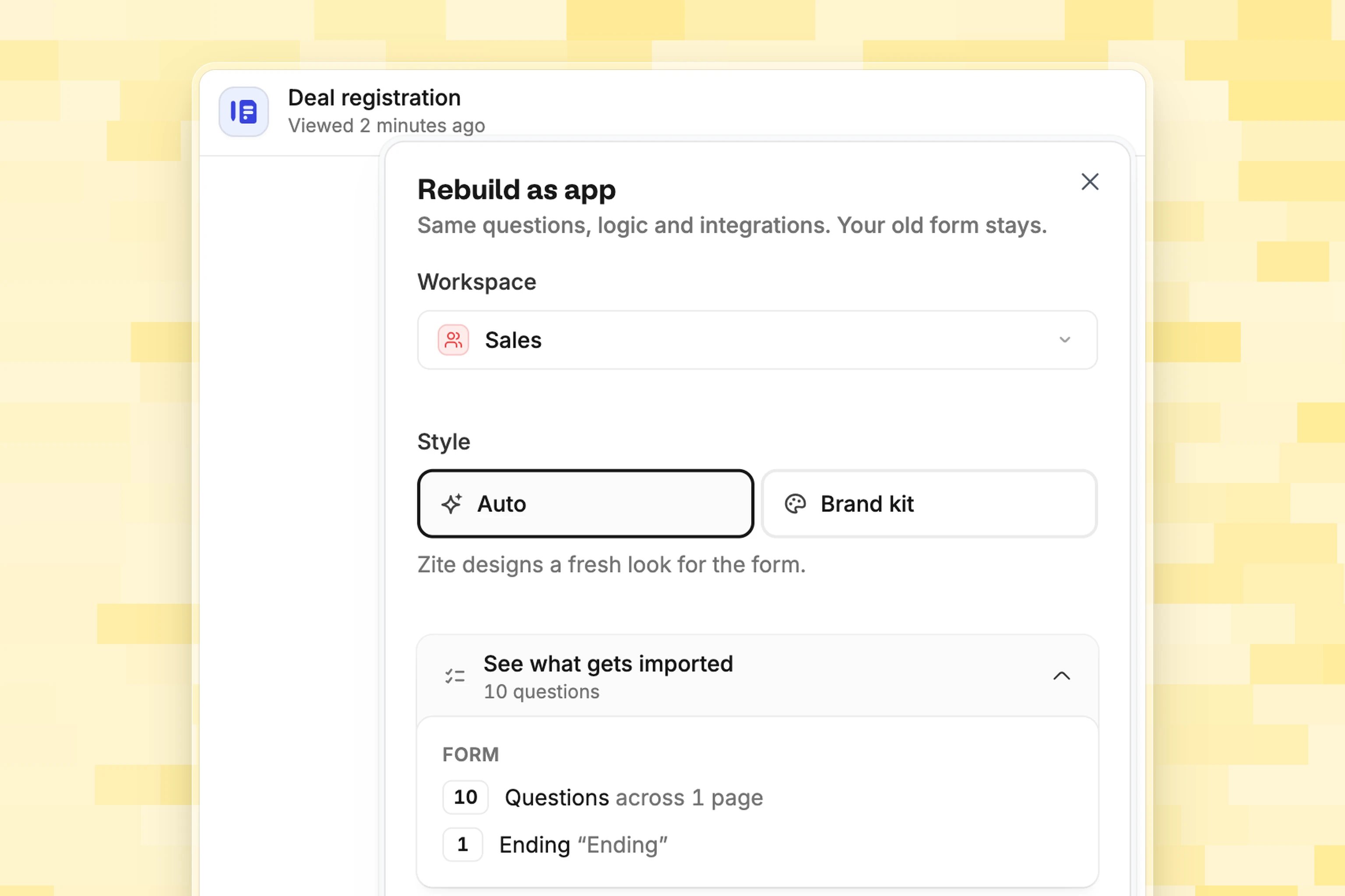 The Rebuild as app dialog for a Deal registration form, with the workspace, style, and what gets imported