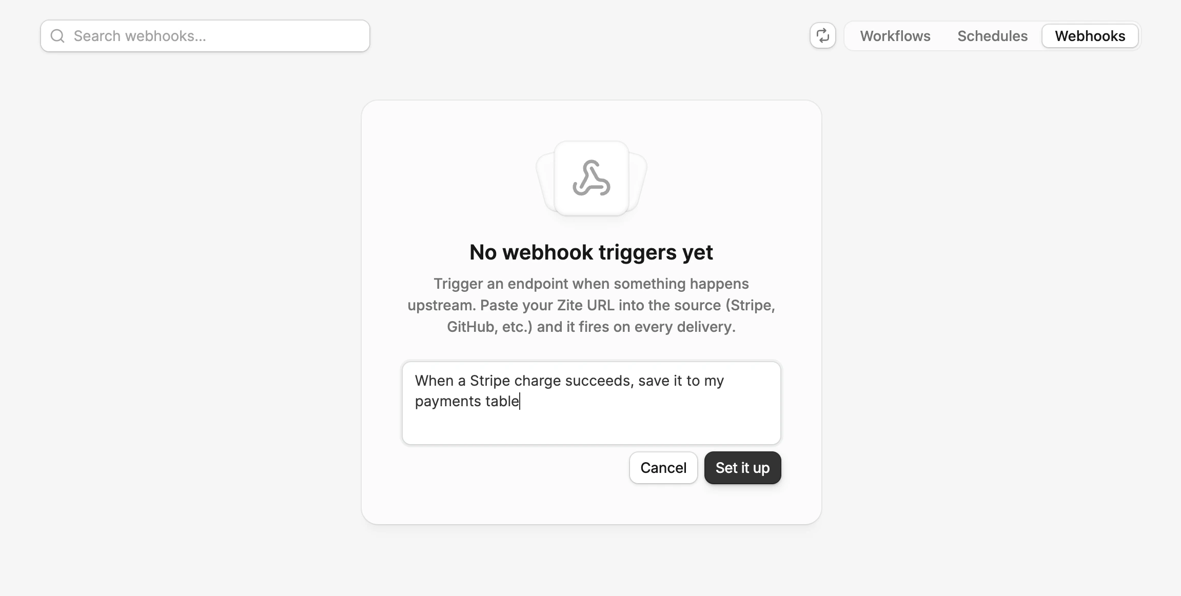 Create a webhook trigger directly from the Webhooks tab