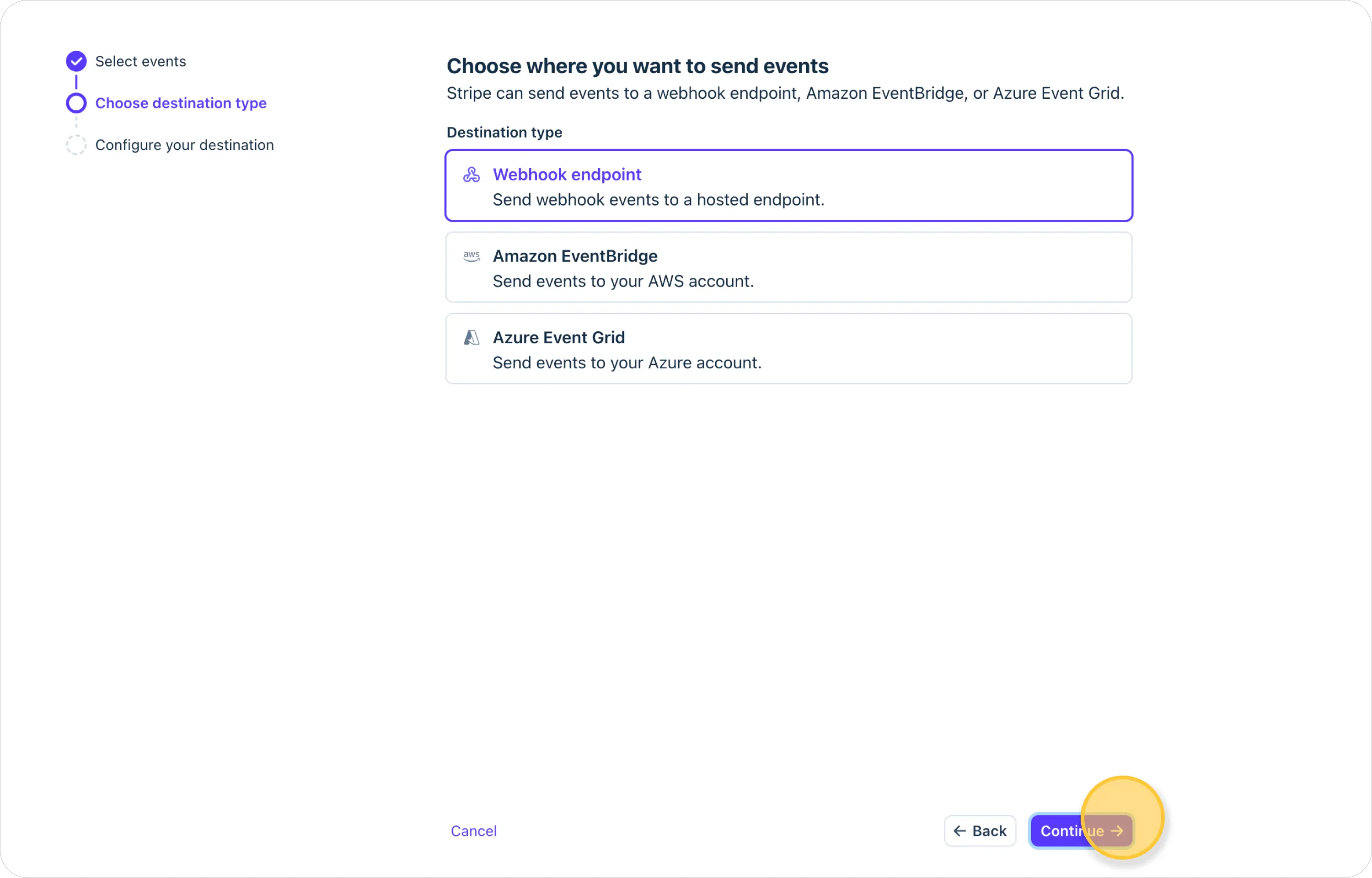 Stripe destination type screen with Webhook endpoint selected