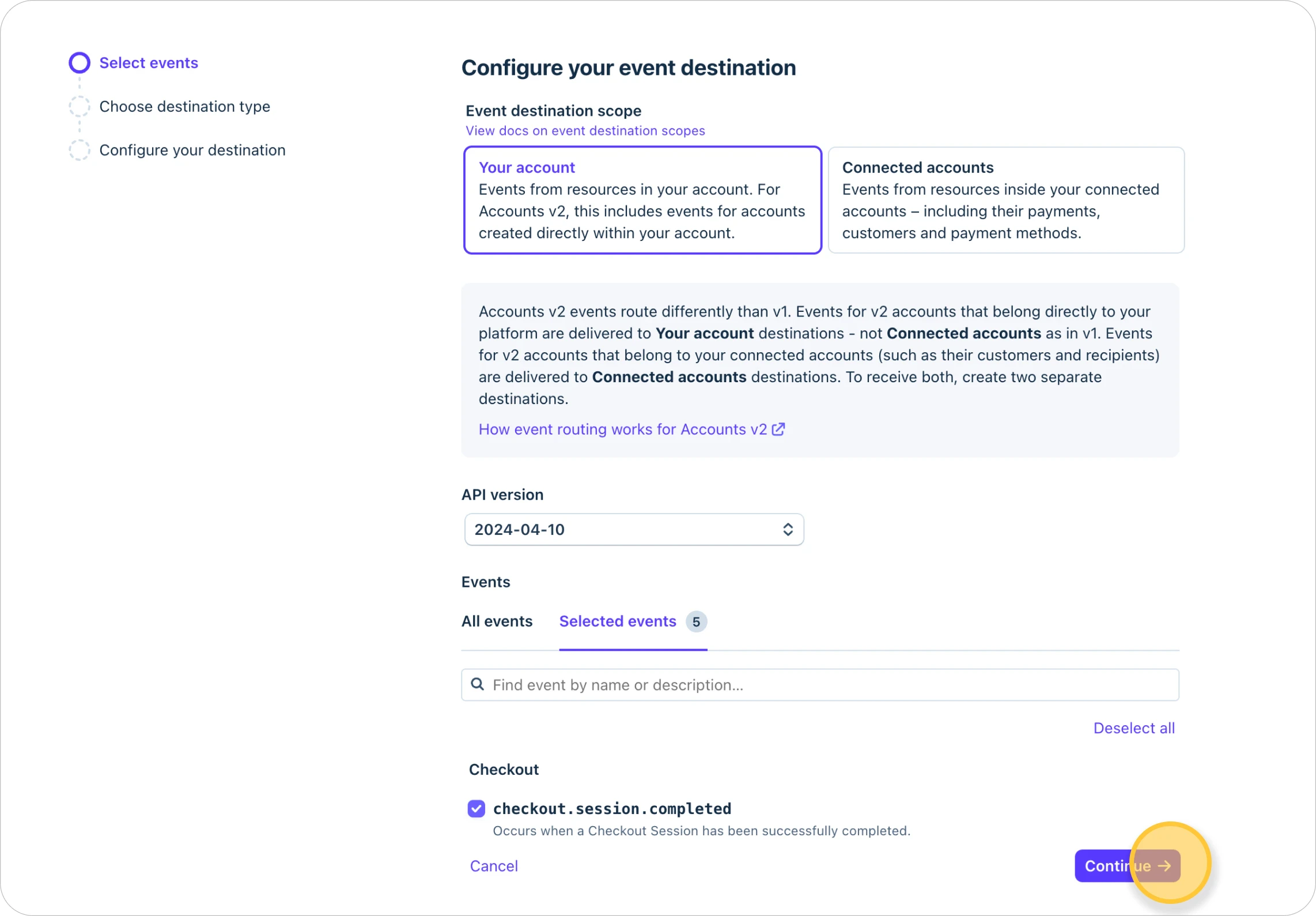 Stripe event selection screen with selected events and your account destination scope