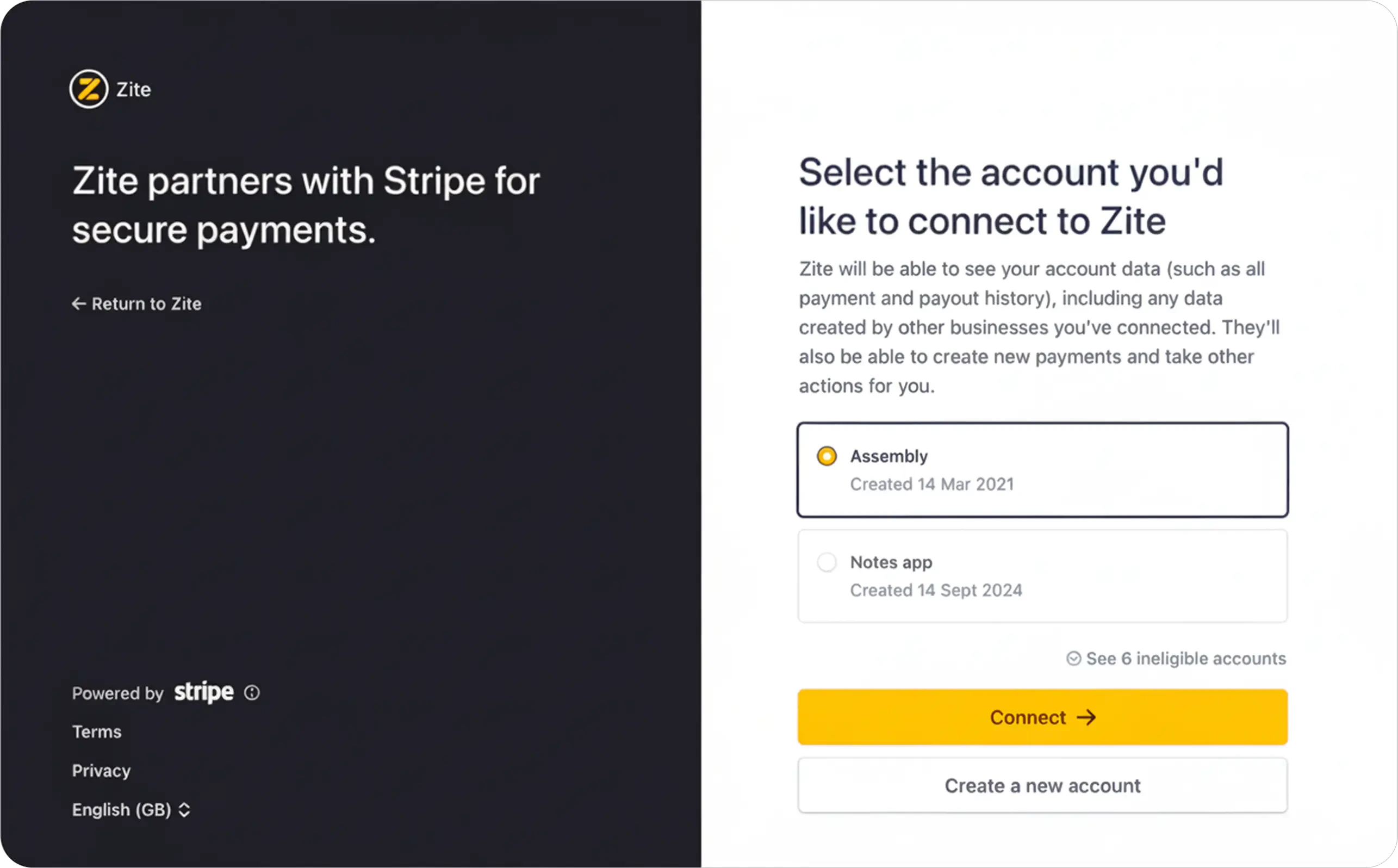Stripe authorization screen for selecting the account to connect to Zite