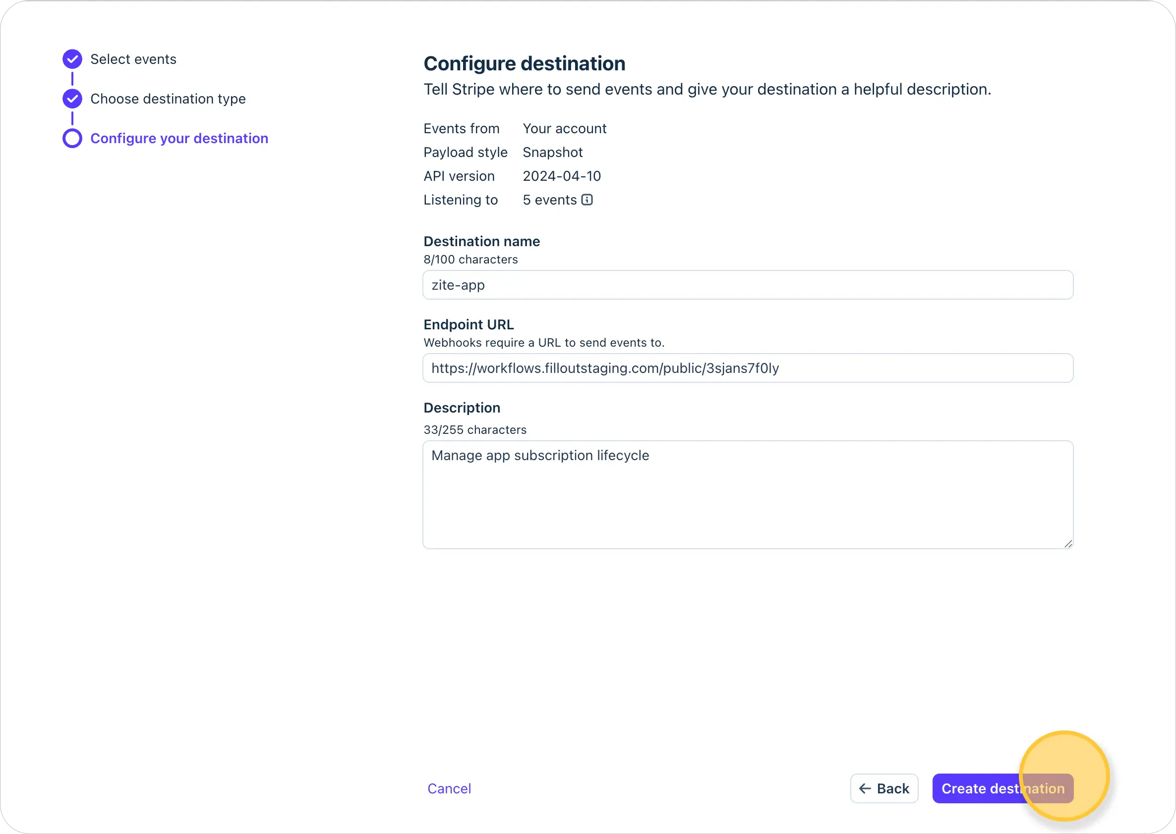 Stripe destination configuration screen with endpoint URL and destination name fields