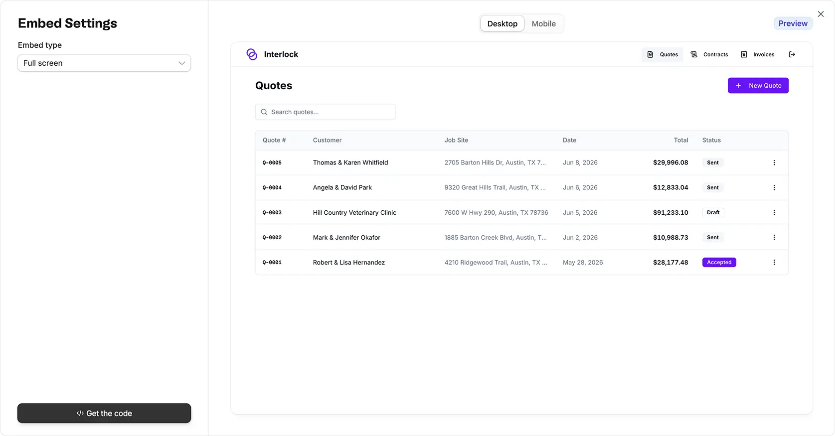 Full screen embed settings previewing a Zite app across the available screen