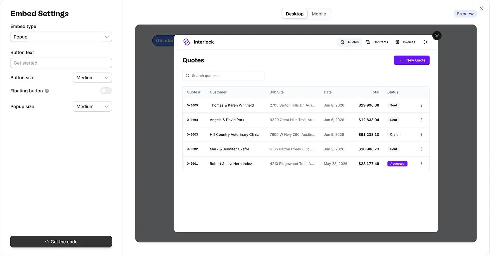Popup embed settings with button text, button size, floating button, and popup size controls