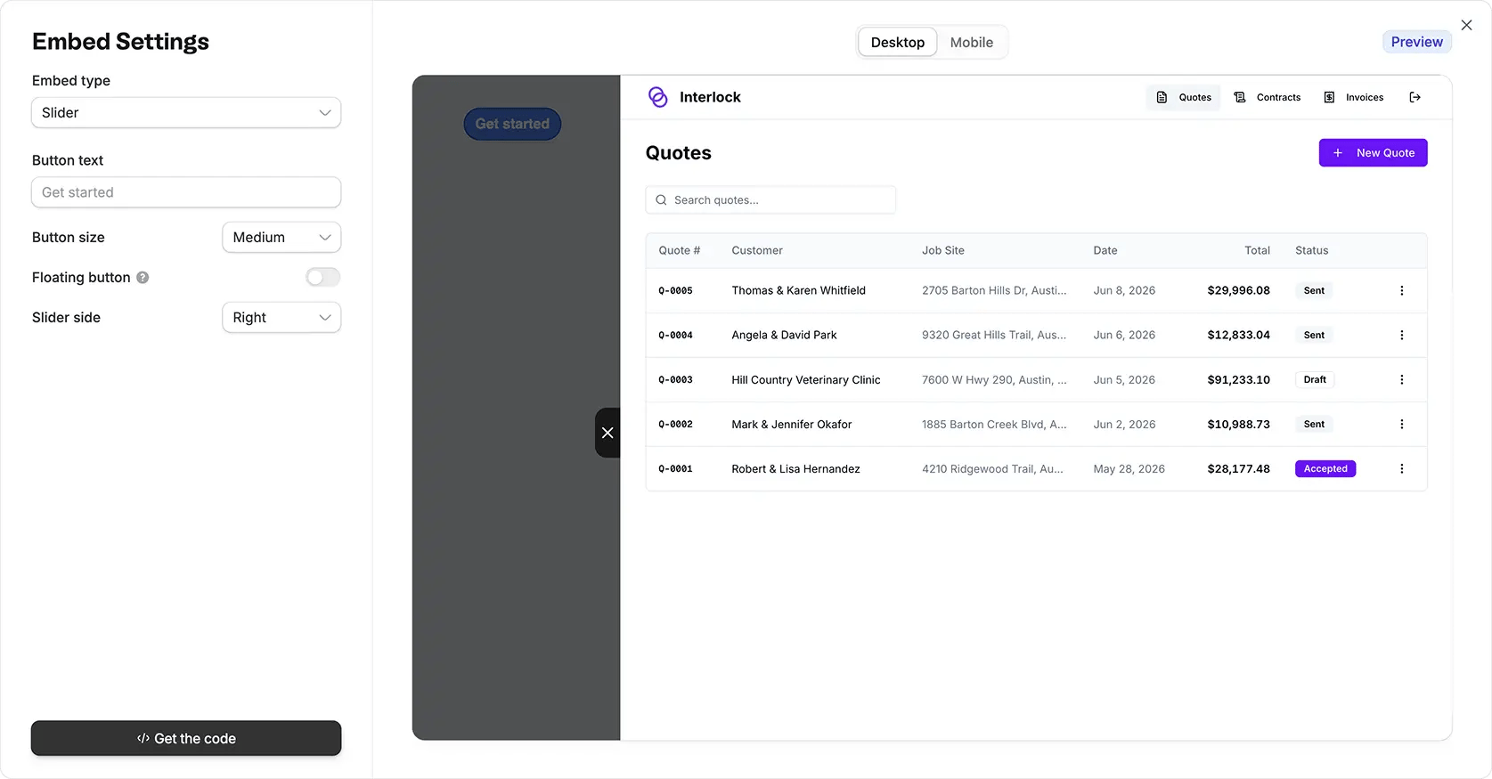 Slider embed settings with button text, button size, floating button, and slider side controls