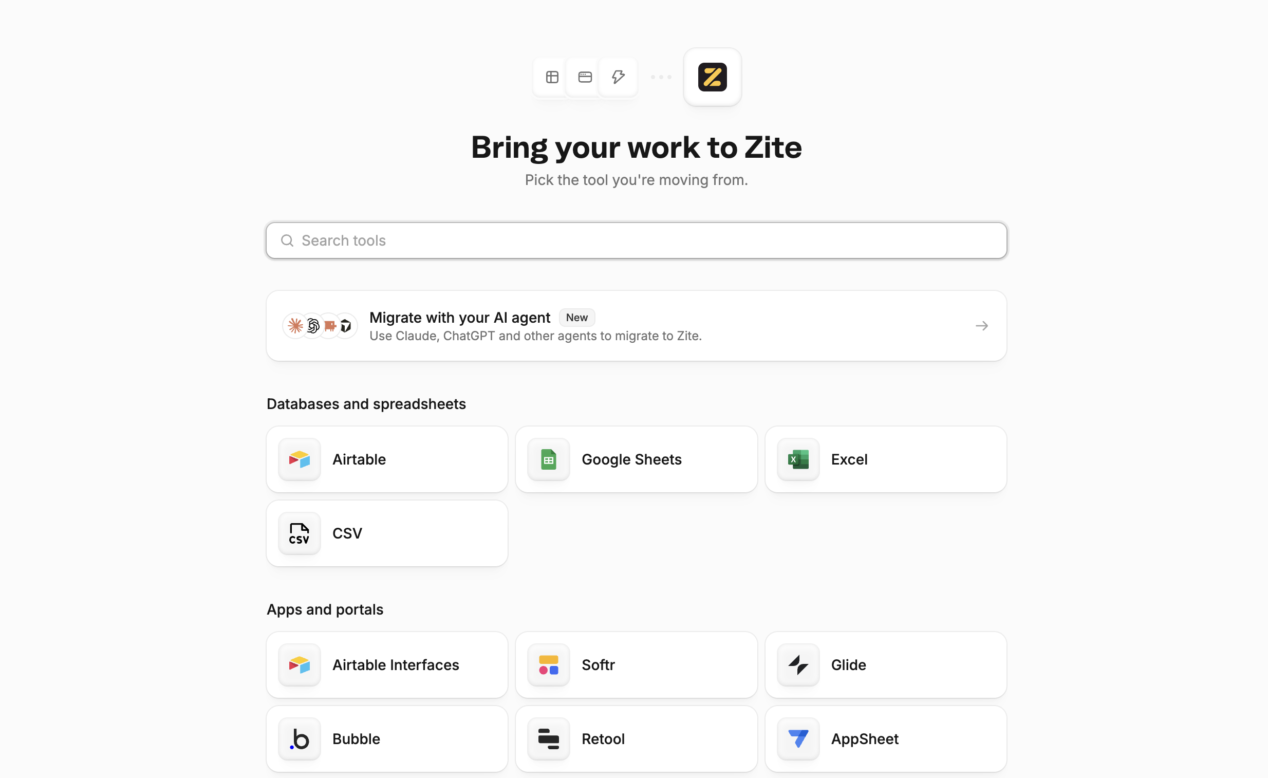 Migration hub titled Bring your work to Zite, with a tool search box and options grouped as Databases and spreadsheets and Apps and portals