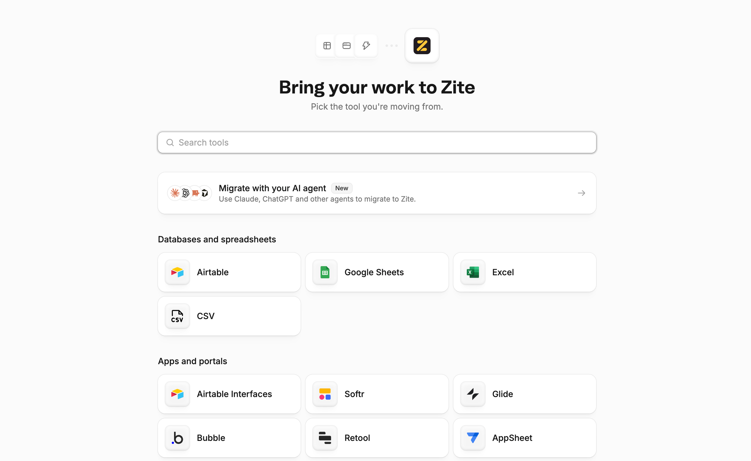 Migration hub titled Bring your work to Zite, with a tool search box and options grouped as Databases and spreadsheets and Apps and portals