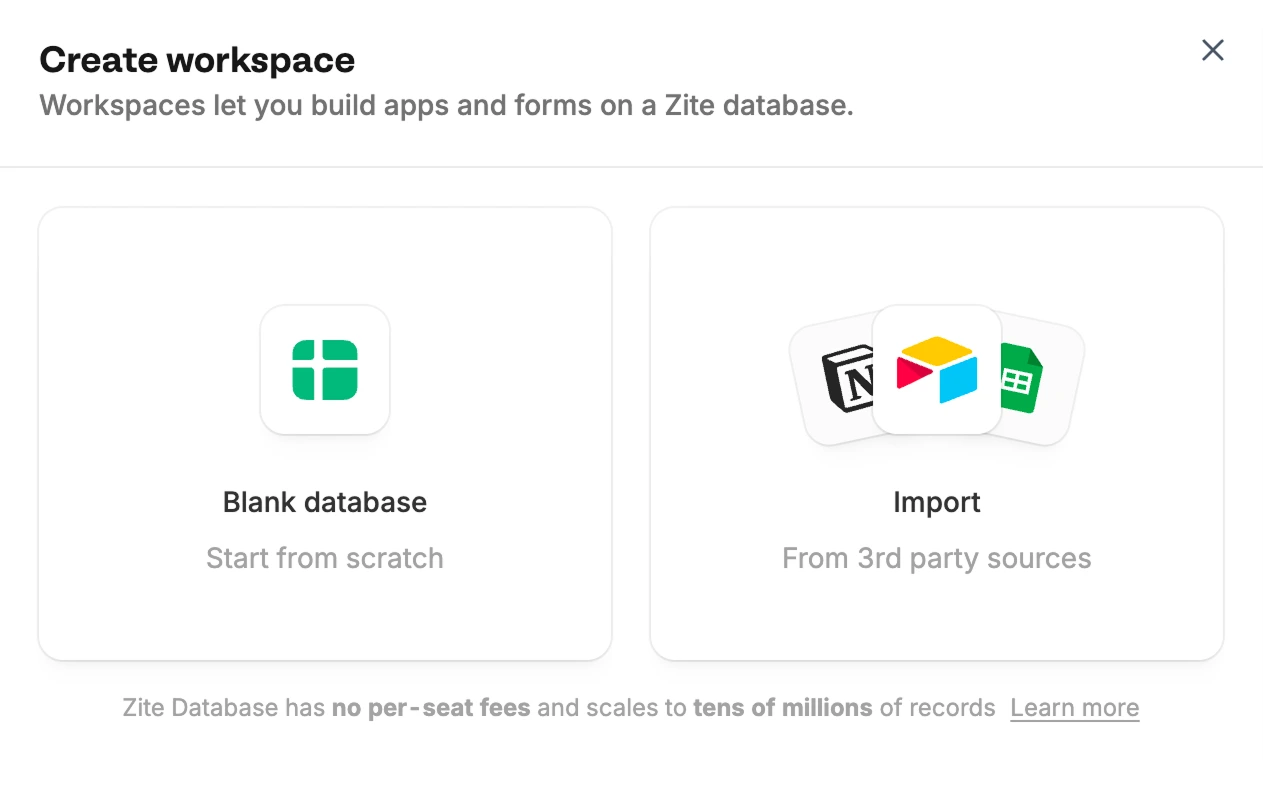 Create workspace screen offering Blank database and Import options