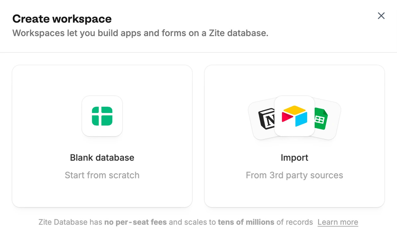 Create workspace screen offering Blank database and Import options Create workspace screen offering Blank database and Import options