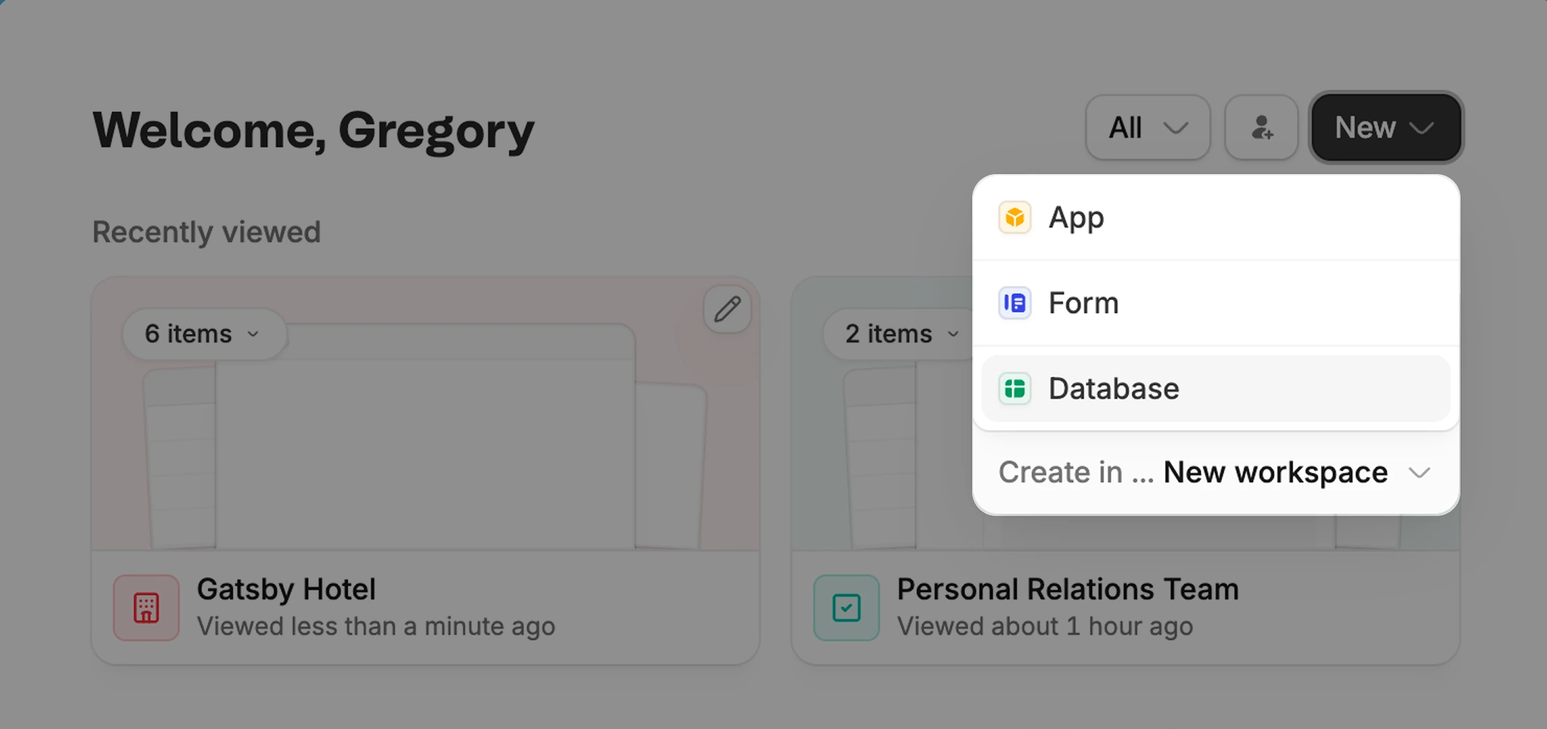 Home tab New menu with Database selected to create a new workspace