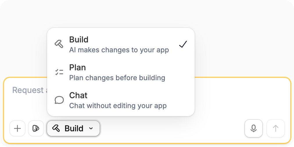 Mode selector showing Build, Plan, and Chat modes