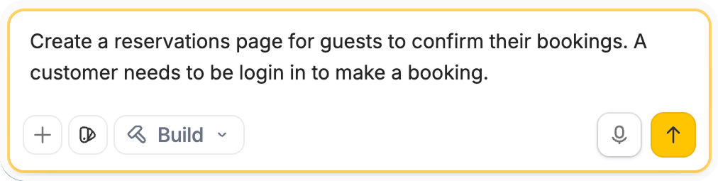 Build mode prompt requesting a reservations page with login required