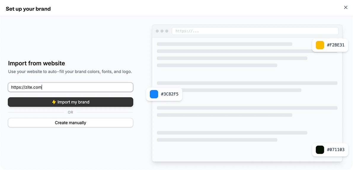 Set up your brand screen with options to import from a website or create manually
