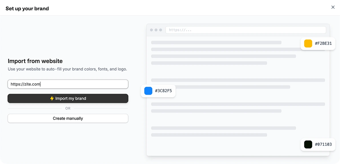 Set up your brand screen with options to import from a website or create manually Set up your brand screen with options to import from a website or create manually