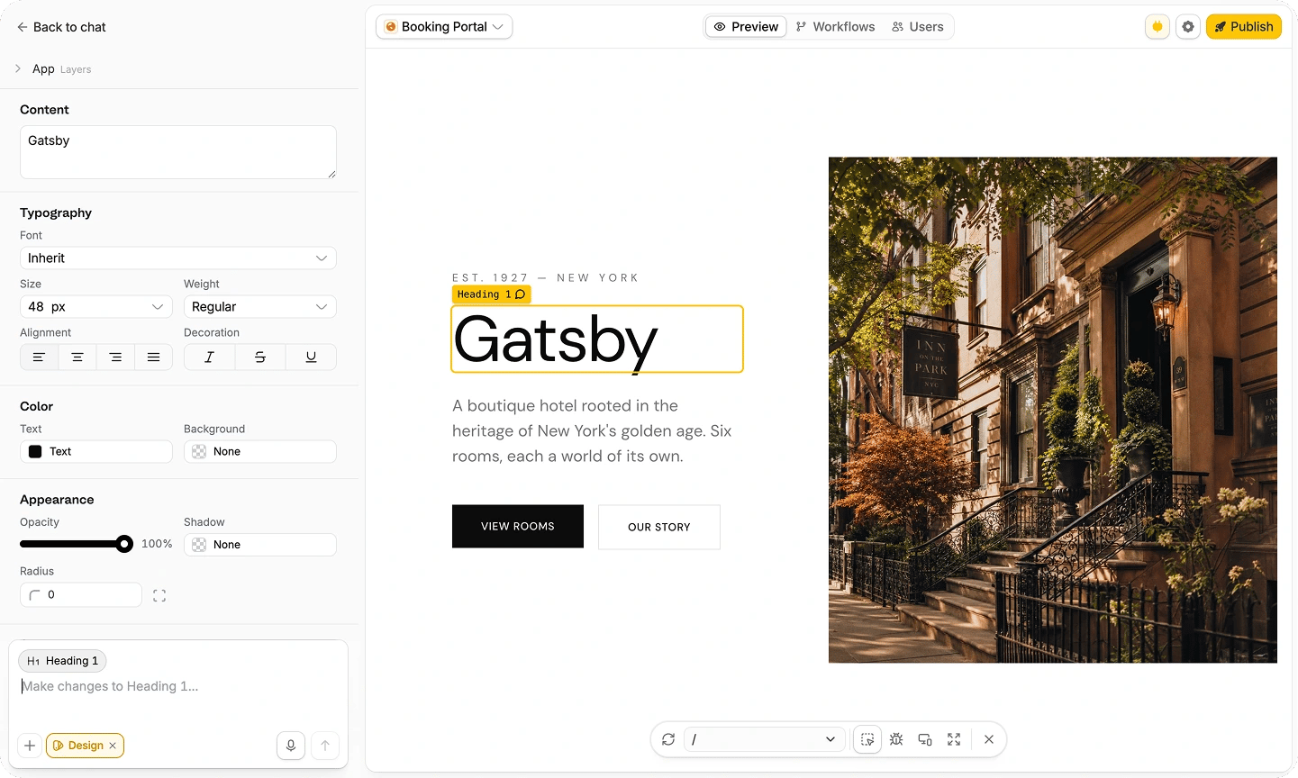 Selective Edits for a selected heading Selective Edits showing a selected heading with typography and color controls