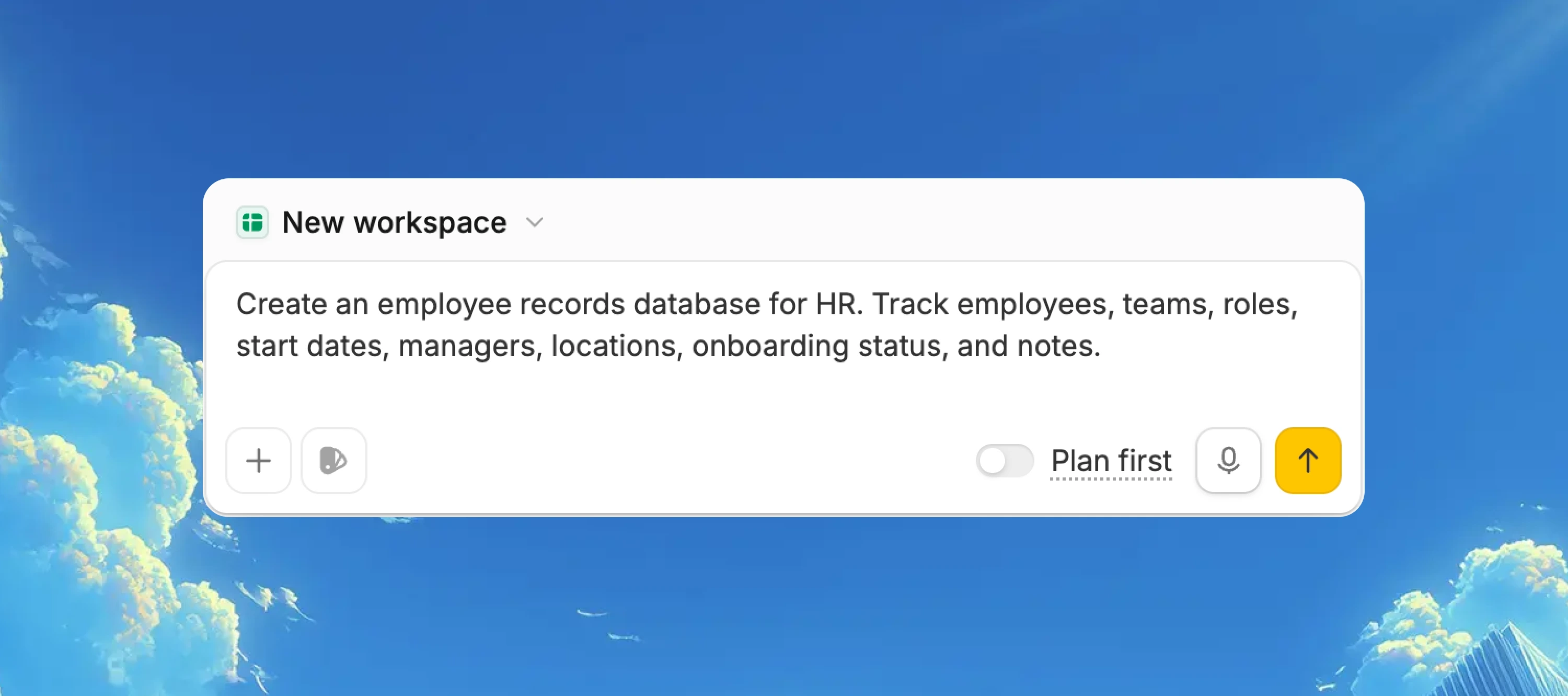 Zite prompt to create an employee records database in a new workspace