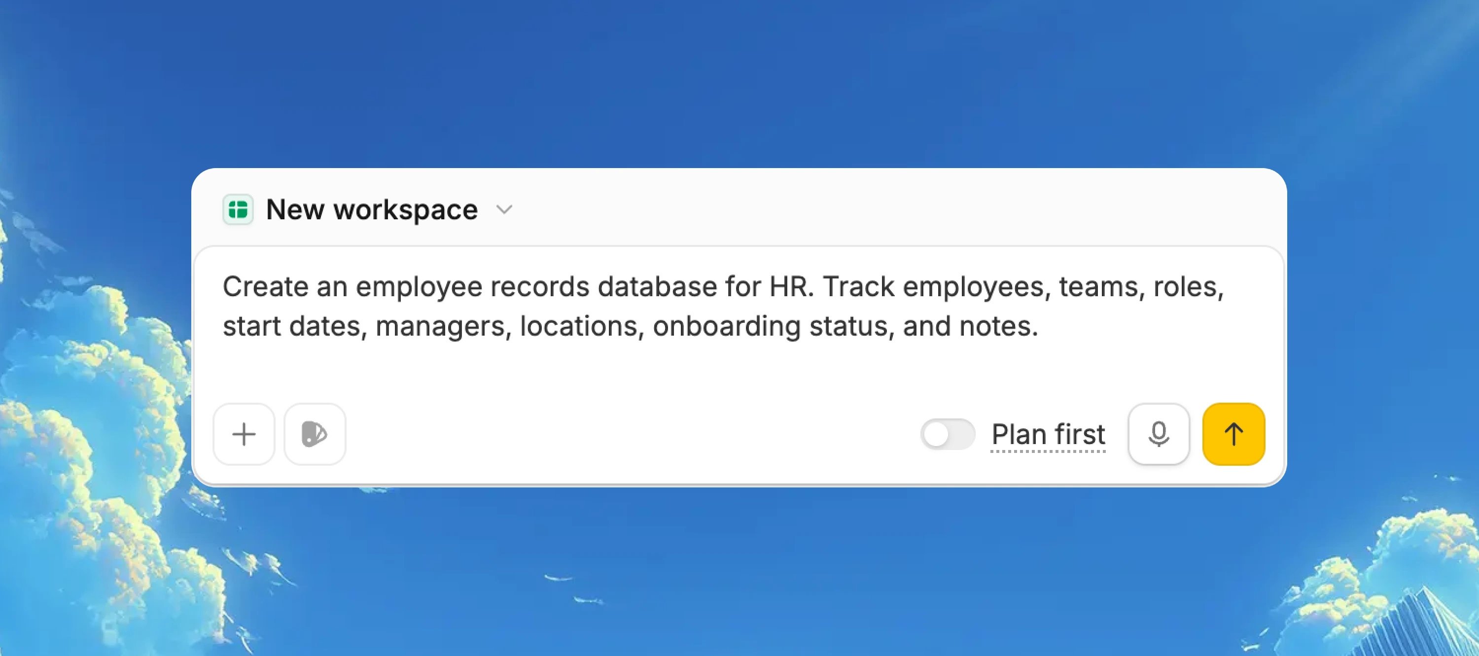 Zite prompt to create an employee records database in a new workspace