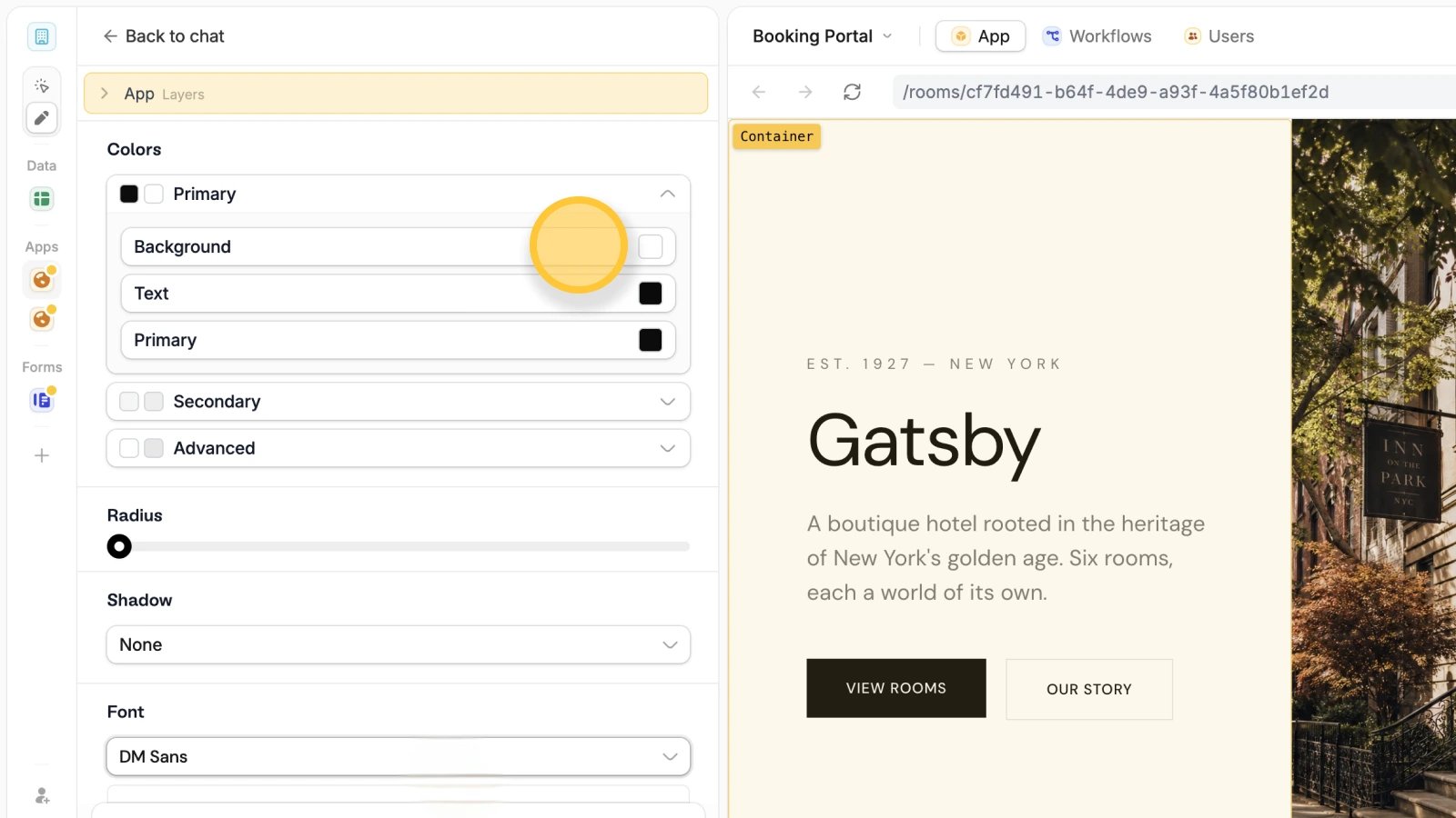 Color settings Color settings showing primary background, text, and primary color controls