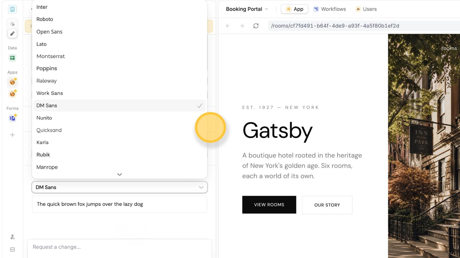 Font selection Font dropdown showing available typefaces and a live app preview