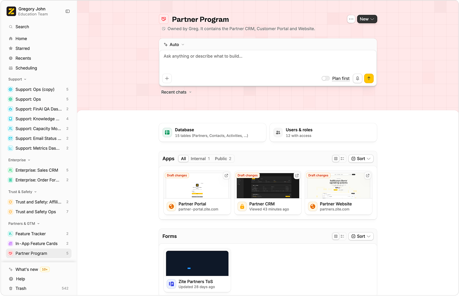 A Zite workspace home showing its database, users and roles, apps, forms, and organized workspace sections