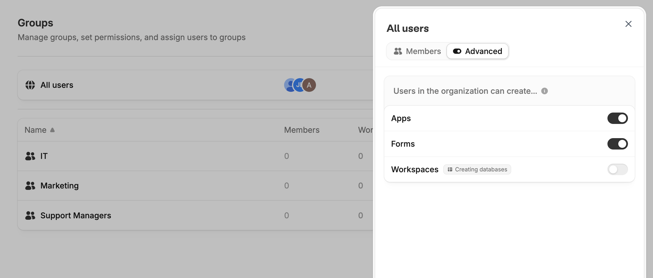 Advanced tab of the All users panel showing toggles for Apps, Forms, and Workspaces