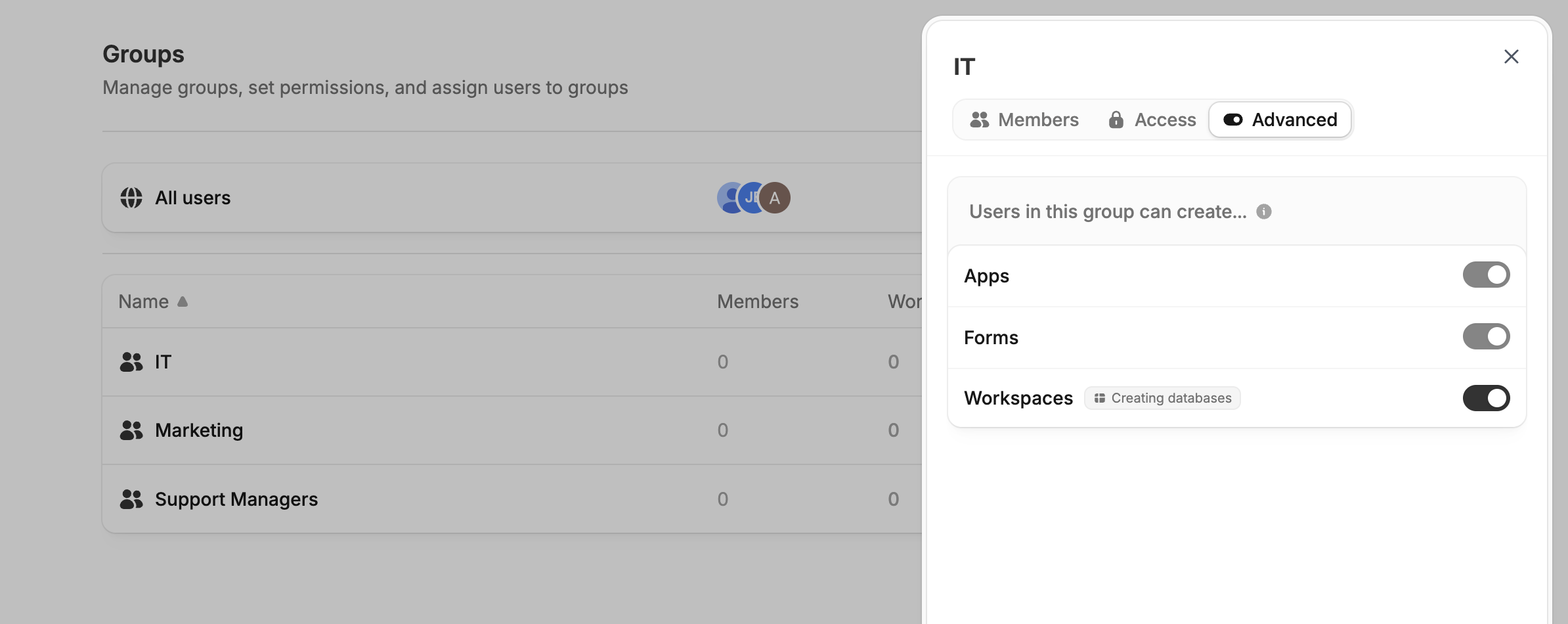 Advanced tab of a group showing Workspaces granted back to the IT group