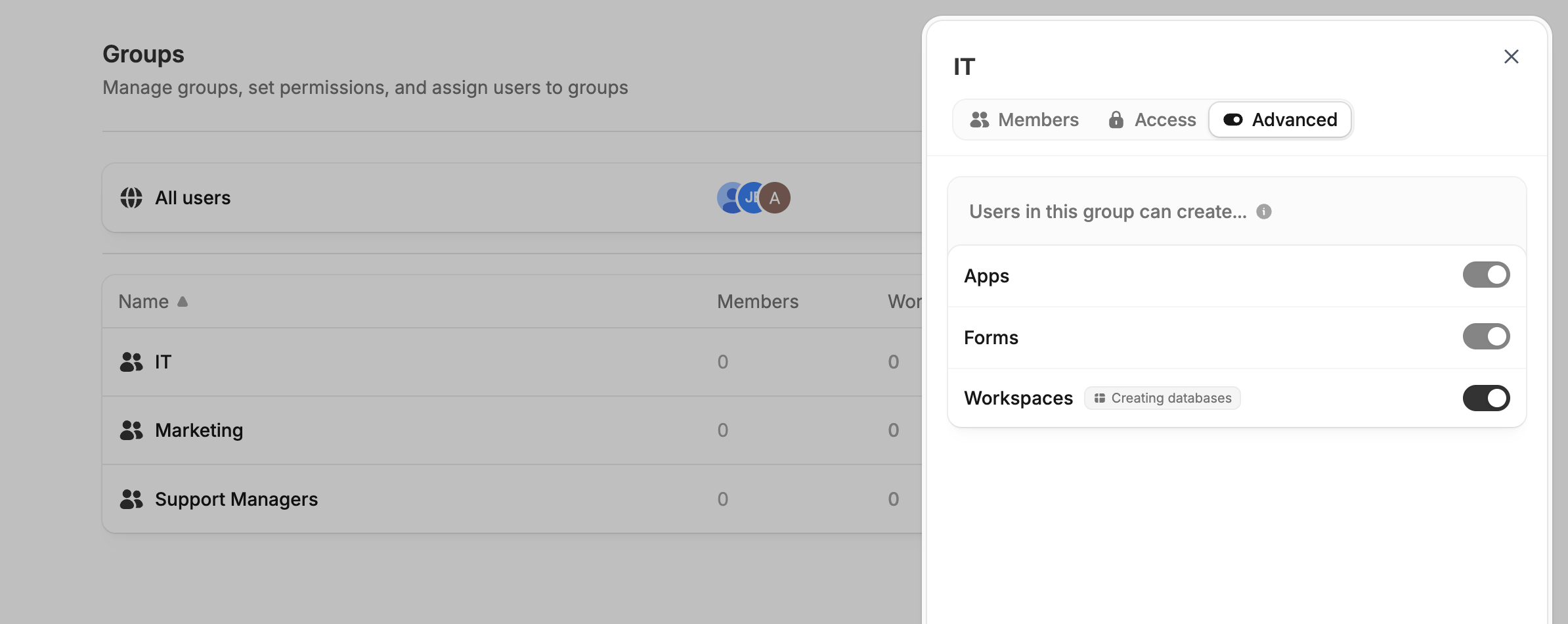 Advanced tab of a group showing Workspaces granted back to the IT group