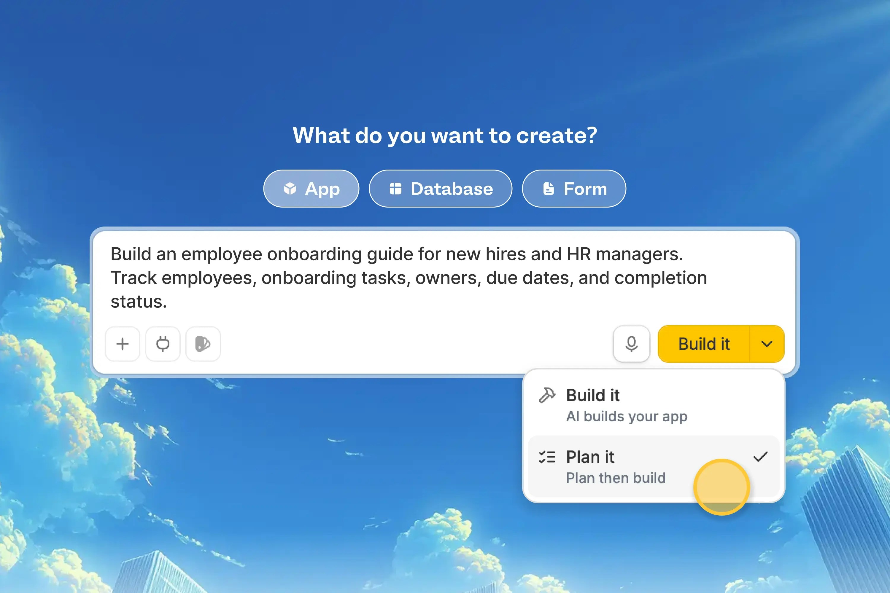 Prompt box with a dropdown showing Plan it selected instead of Build it