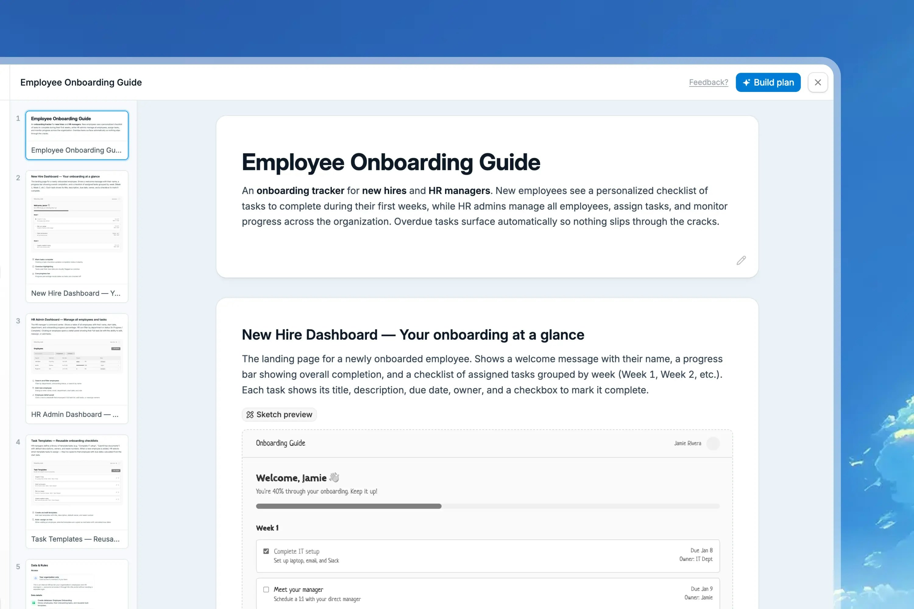 Editable Plan mode document with page thumbnails and wireframe previews